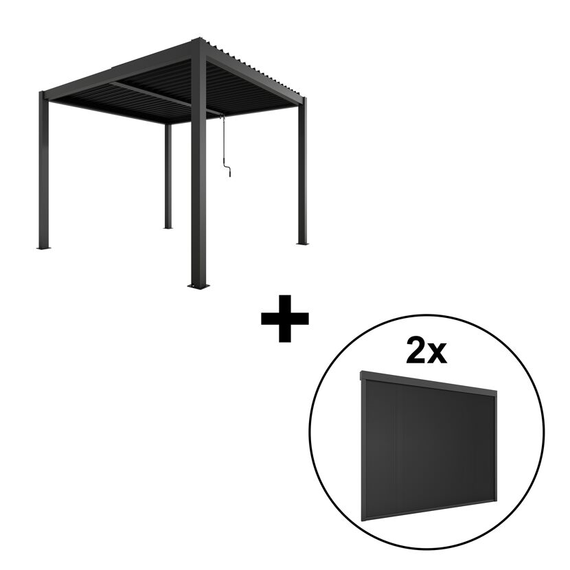 Pergola 'Shade' Aluminium dunkelgrau 3 x 3 m manuell inklusive 2 x Seitenmarkise 3 m manuell