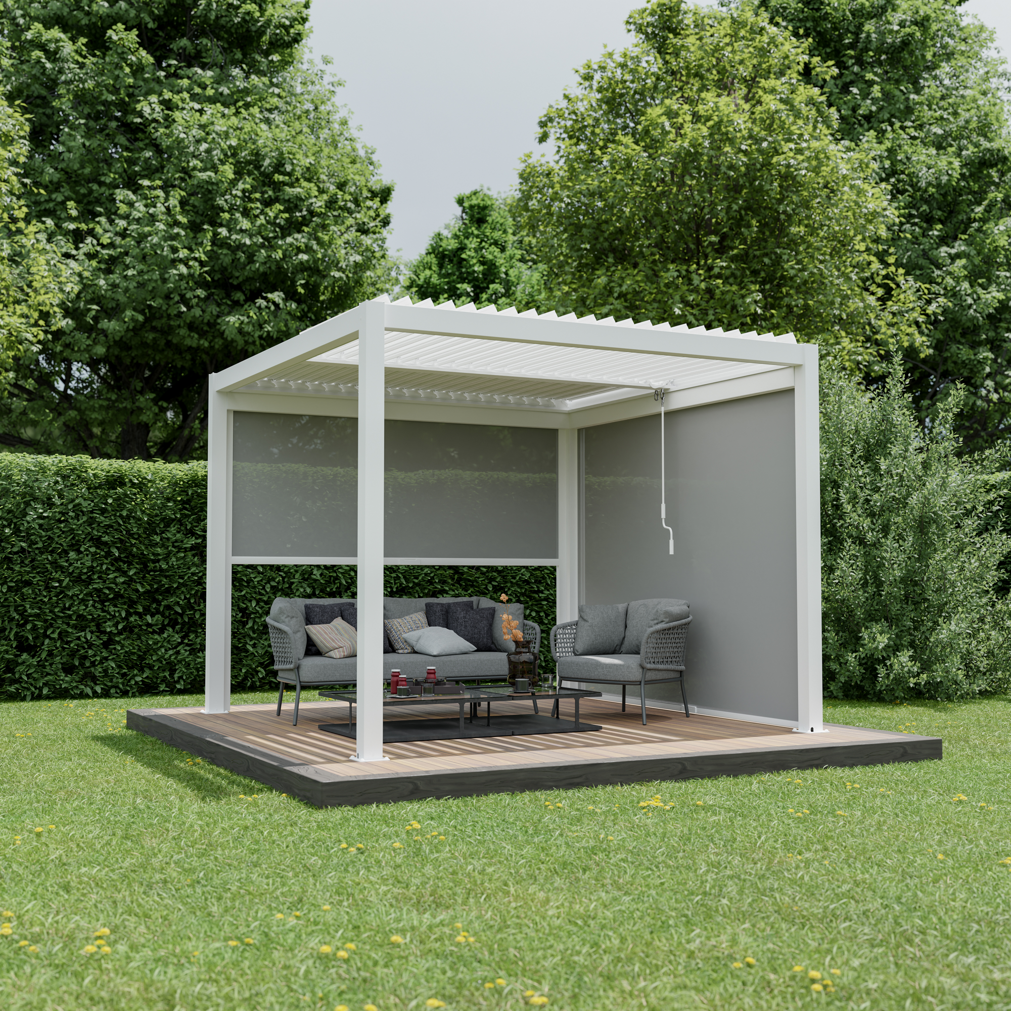 Pergola 'Shade' Aluminium weiß 3 x 3 m manuell inklusive 2 x Seitenmarkise 3 m manuell
