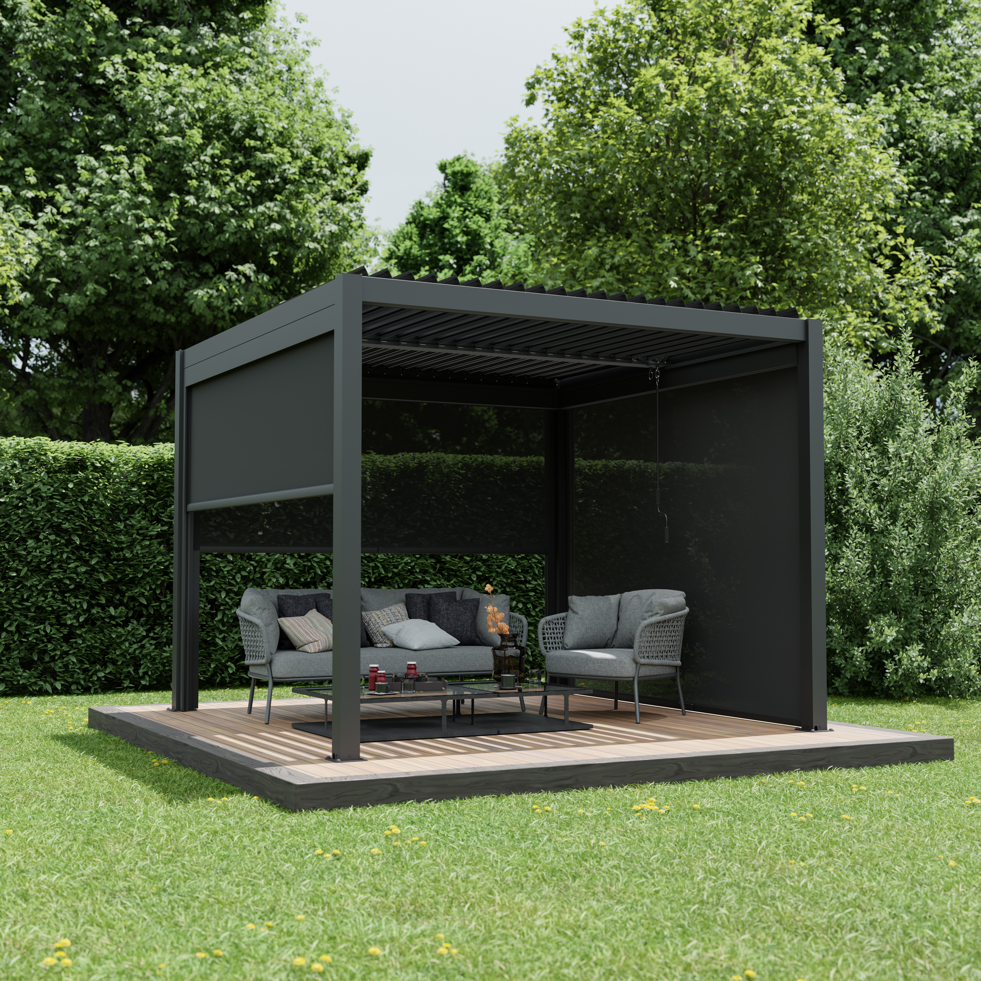 Pergola 'Shade' Aluminium dunkelgrau 3 x 3 m manuell inklusive 3 x Seitenmarkise 3 m manuell