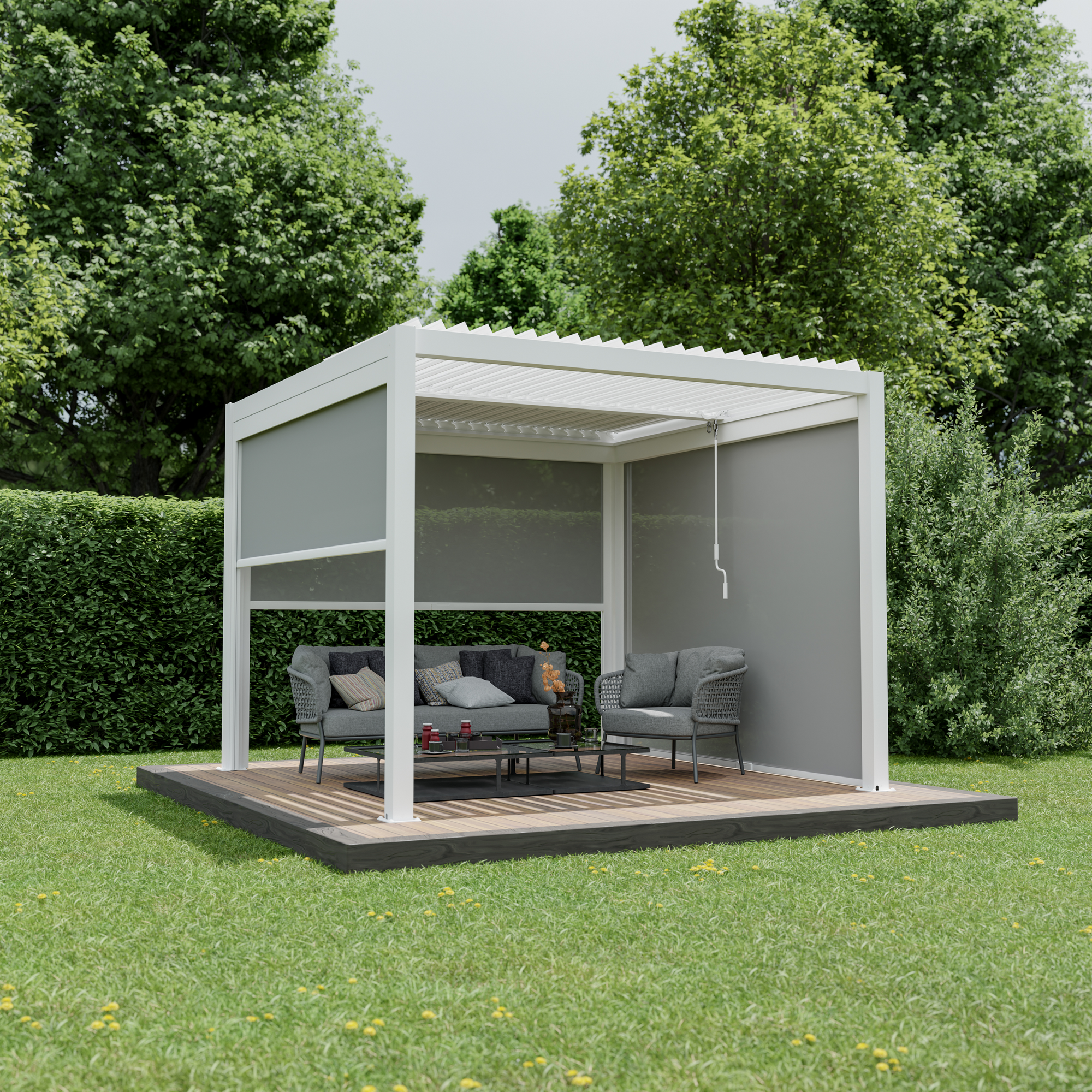 Pergola 'Shade' Aluminium weiß 3 x 3 m manuell inklusive 3 x Seitenmarkise 3 m manuell