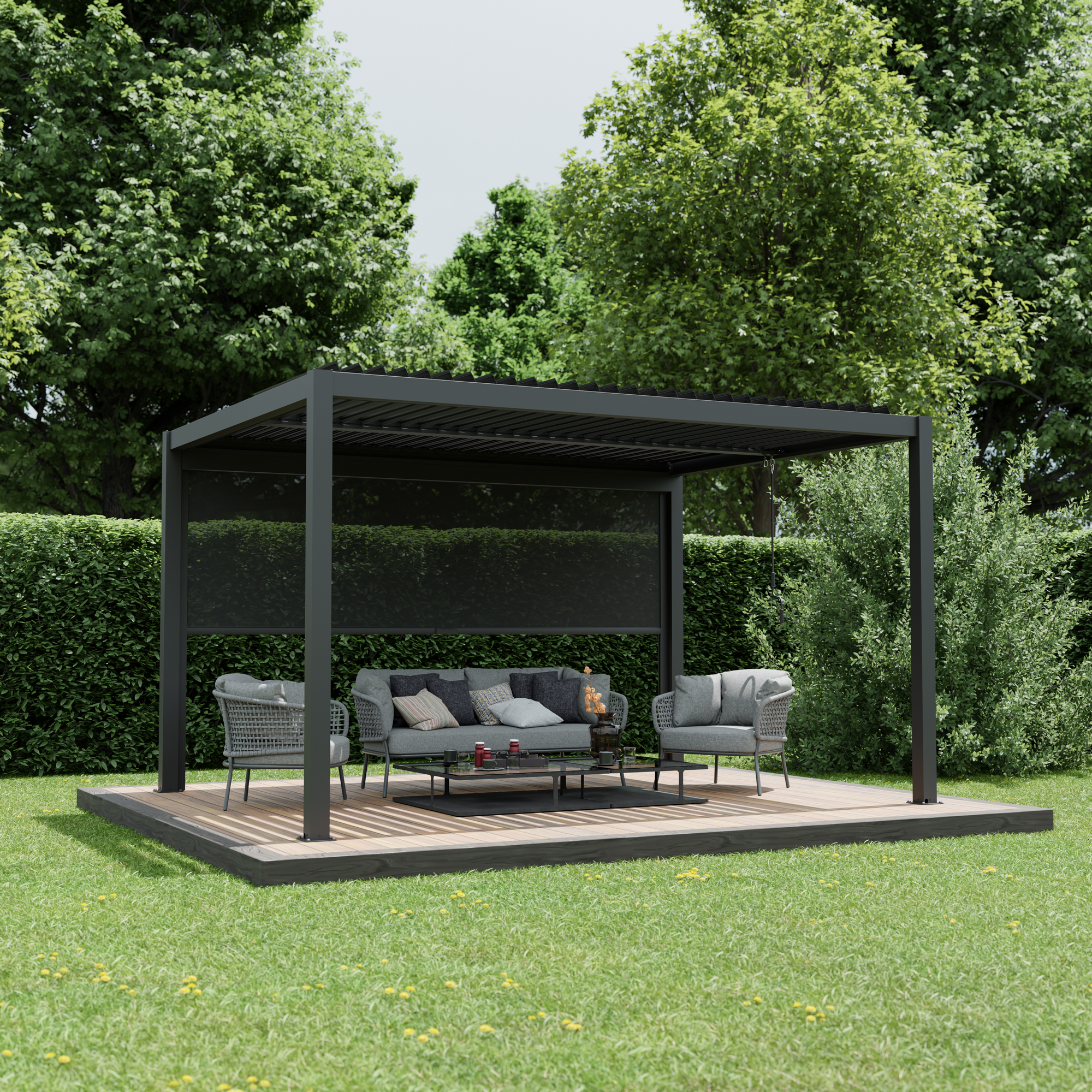 Pergola 'Shade' Aluminium dunkelgrau 3 x 4 m manuell inklusive 1 x Seitenmarkise 4 m manuell