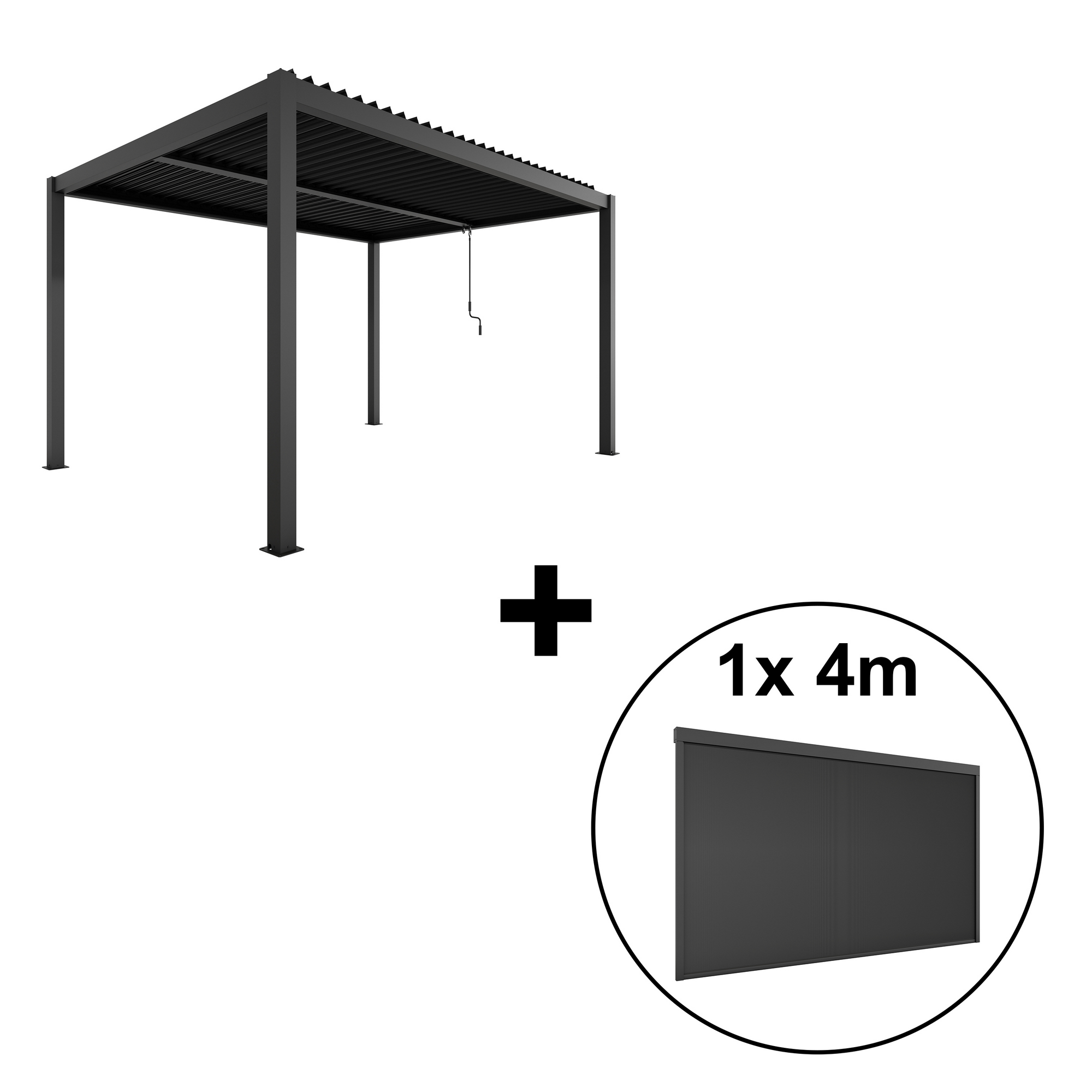 Pergola 'Shade' Aluminium dunkelgrau 3 x 4 m manuell inklusive 1 x Seitenmarkise 4 m manuell