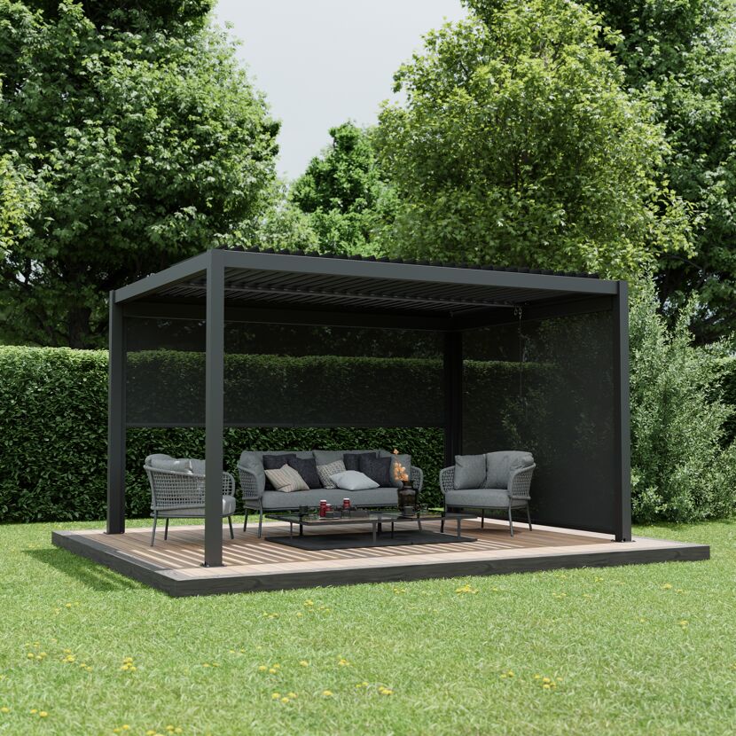 Pergola 'Shade' Aluminium dunkelgrau 3 x 4 m manuell inklusive 1 x Seitenmarkise 4 m manuell und 1 x Seitenmarkise 3 m manuell