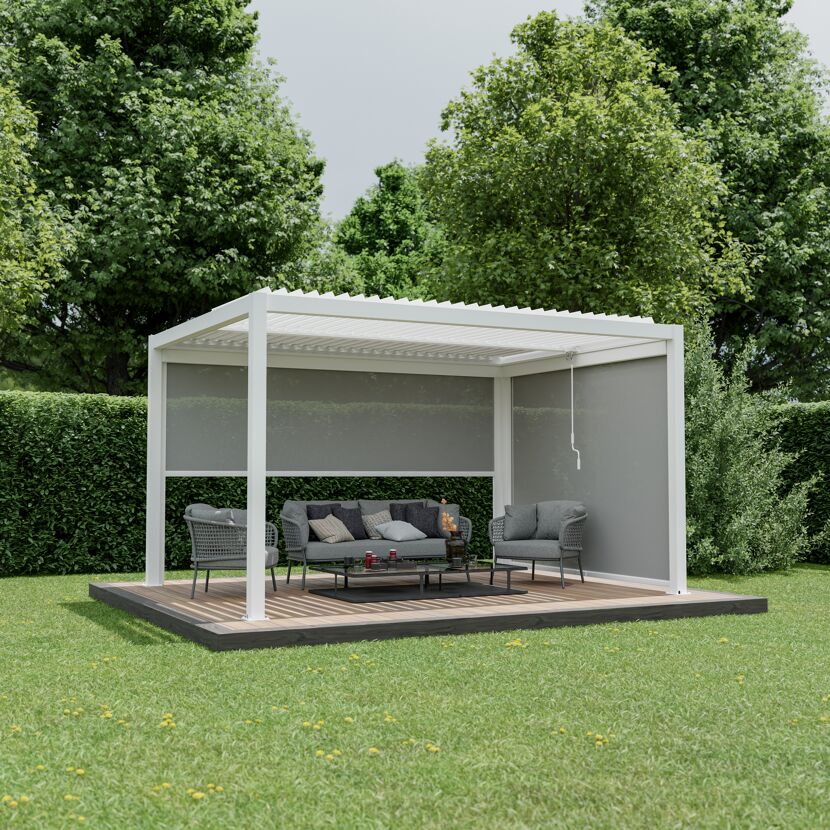 Pergola 'Shade' Aluminium weiß 3 x 4 m manuell inklusive 1 x Seitenmarkise 4 m manuell und 1 x Seitenmarkise 3 m manuell