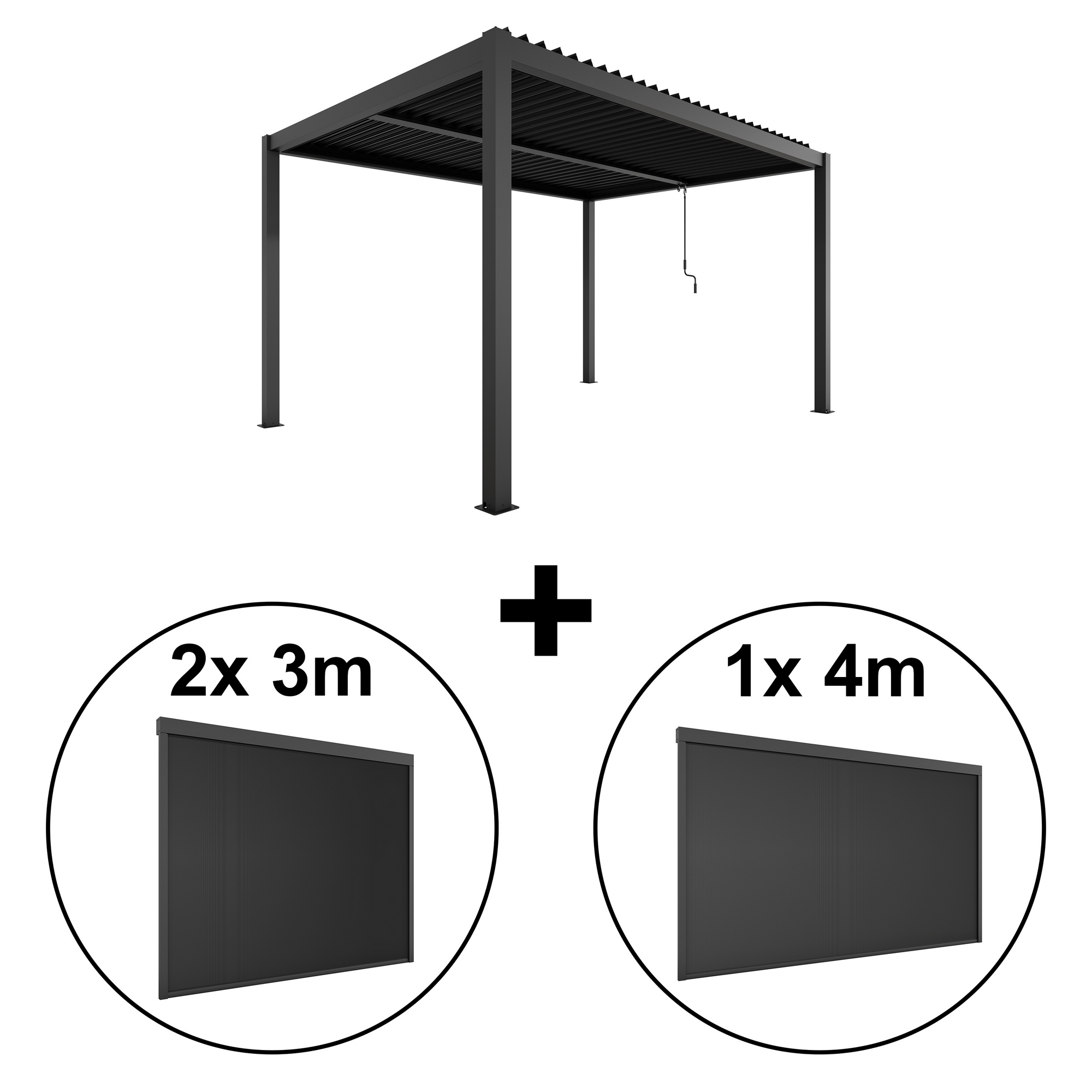 Pergola 'Shade' Aluminium dunkelgrau 3 x 4 m manuell inklusive 1 x Seitenmarkise 4 m manuell und 2 x Seitenmarkise 3 m manuell