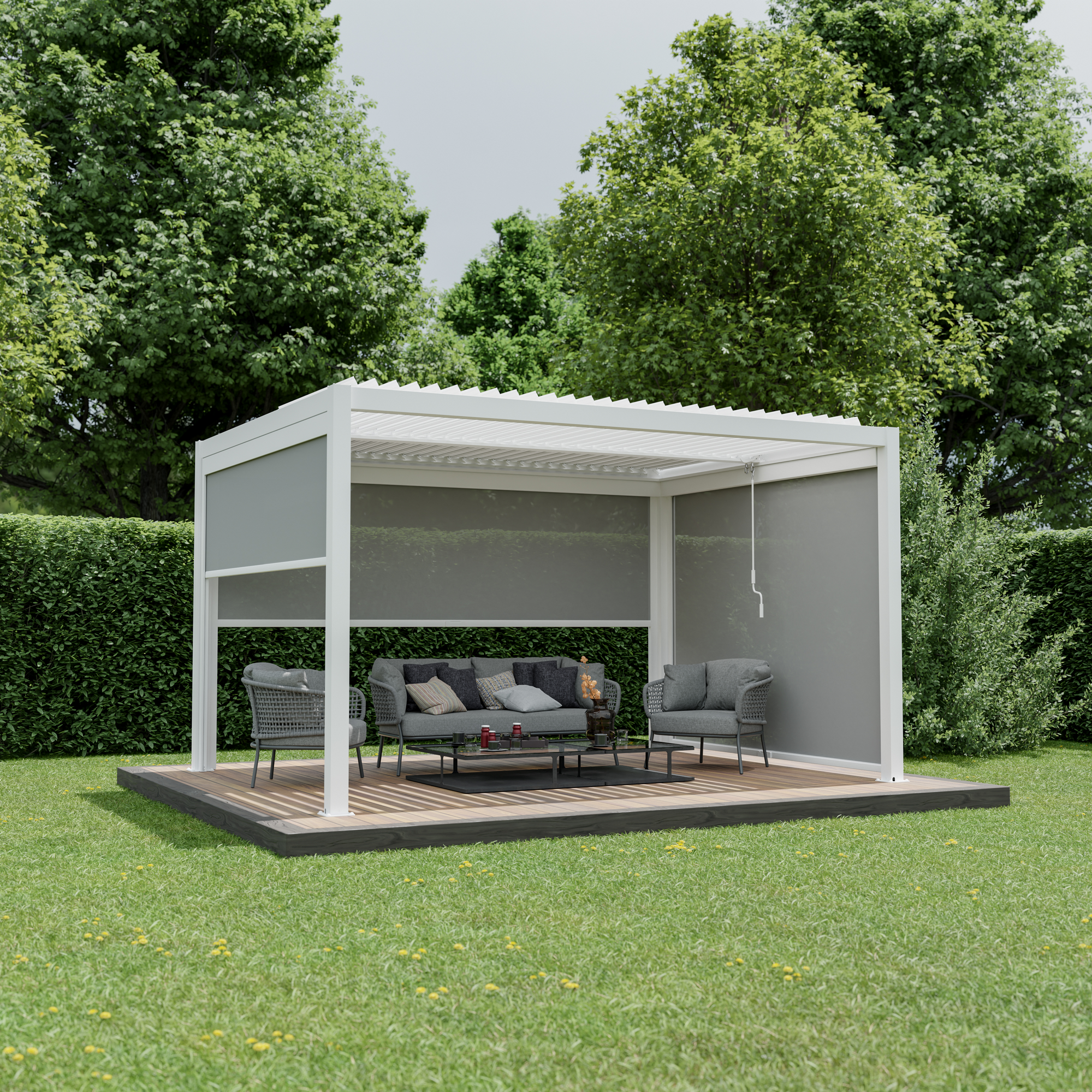 Pergola 'Shade' Aluminium weiß 3 x 4 m manuell inklusive 1 x Seitenmarkise 4 m manuell und 2 x Seitenmarkise 3 m manuell