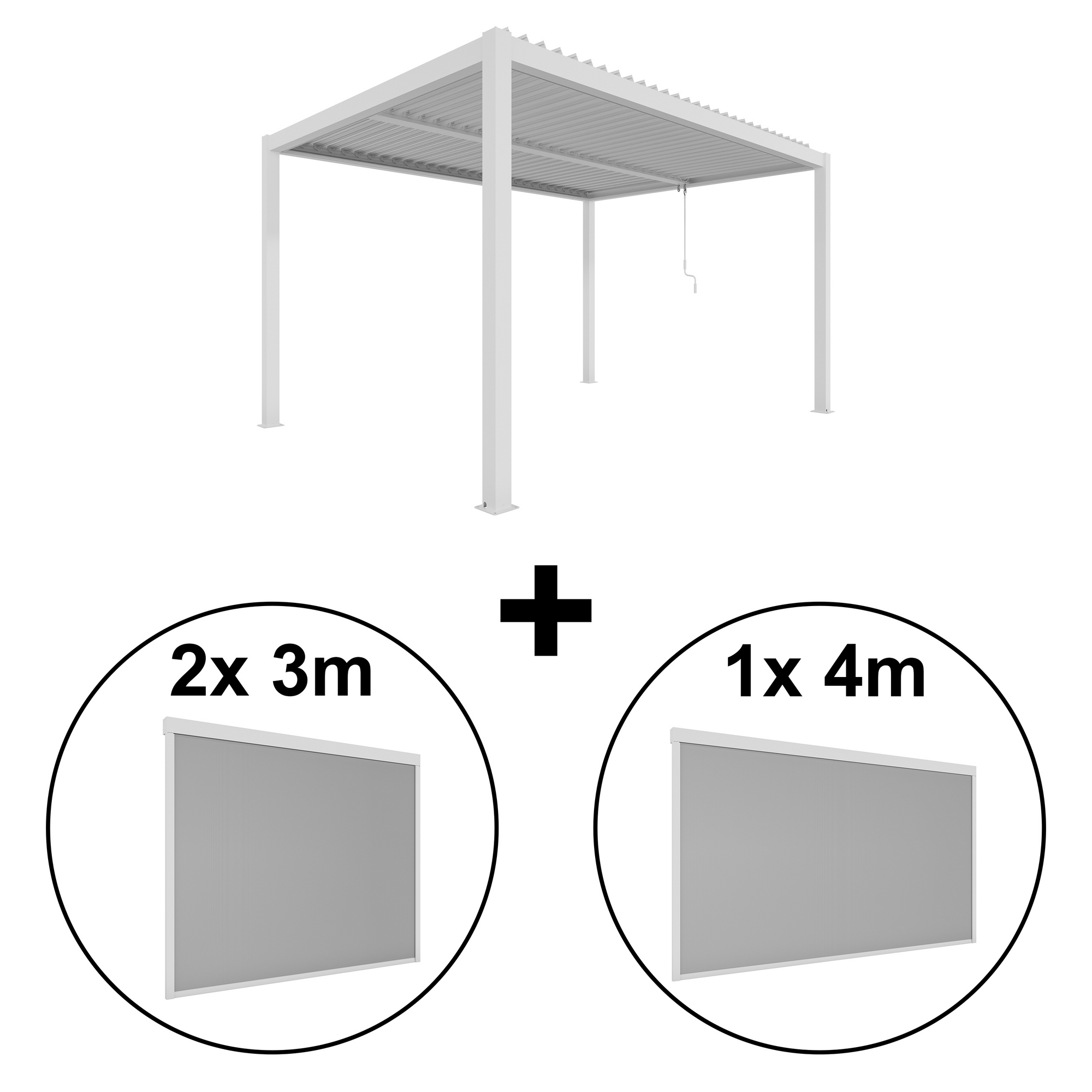 Pergola 'Shade' Aluminium weiß 3 x 4 m manuell inklusive 1 x Seitenmarkise 4 m manuell und 2 x Seitenmarkise 3 m manuell