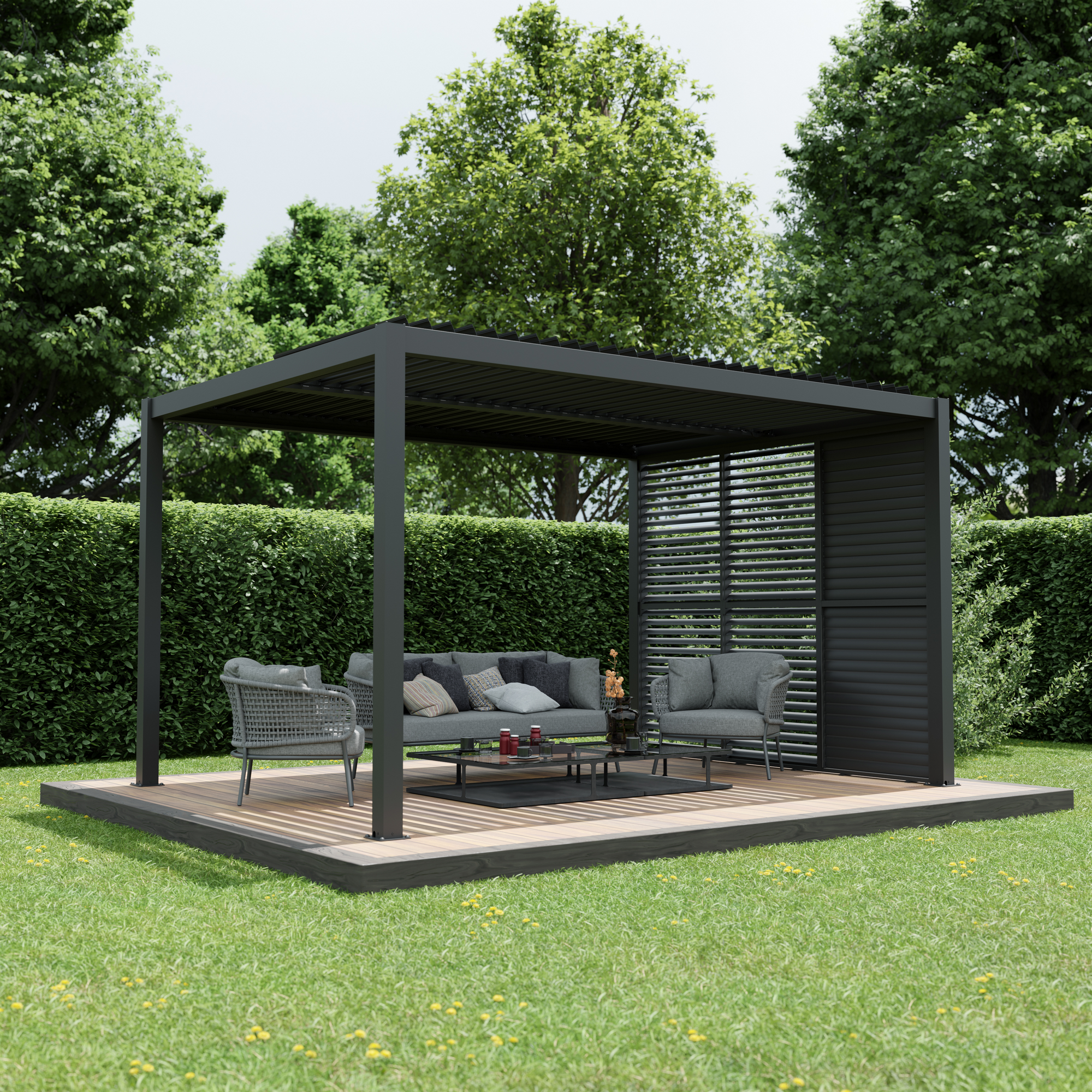 Pergola 'Shade' Aluminium dunkelgrau 3 x 4 m manuell inklusive 3 x Lamellenwand 0,9 m (verstellbar)