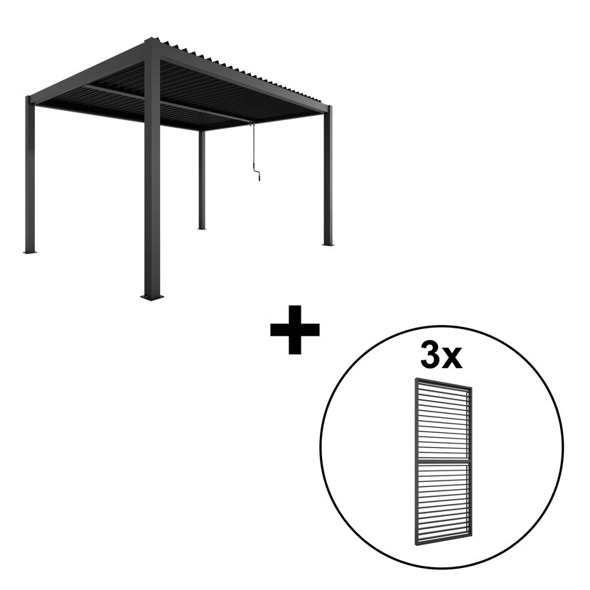 Pergola 'Shade' Aluminium dunkelgrau 3 x 4 m manuell inklusive 3 x Lamellenwand 0,9 m (verstellbar)