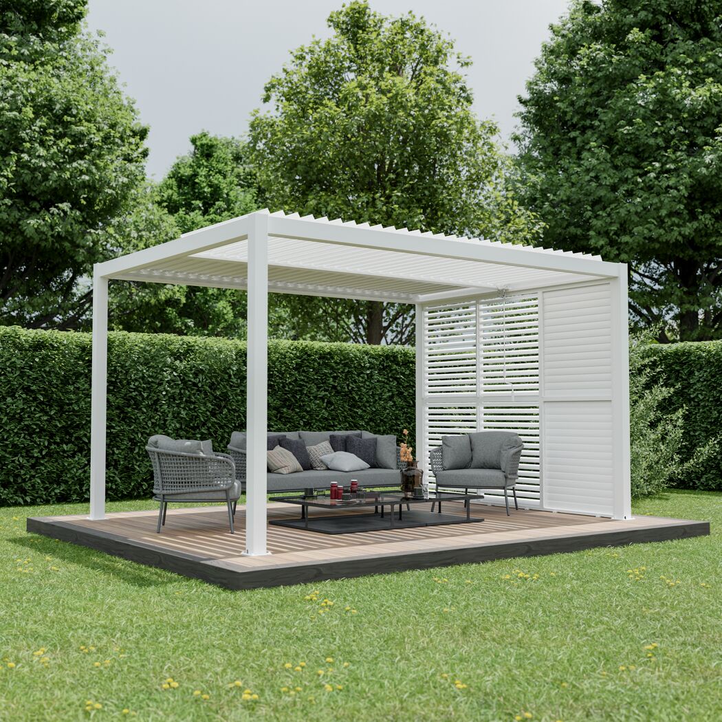 Pergola 'Shade' Aluminium weiß 3 x 4 m manuell inklusive 3 x Lamellenwand 0,9 m (verstellbar)