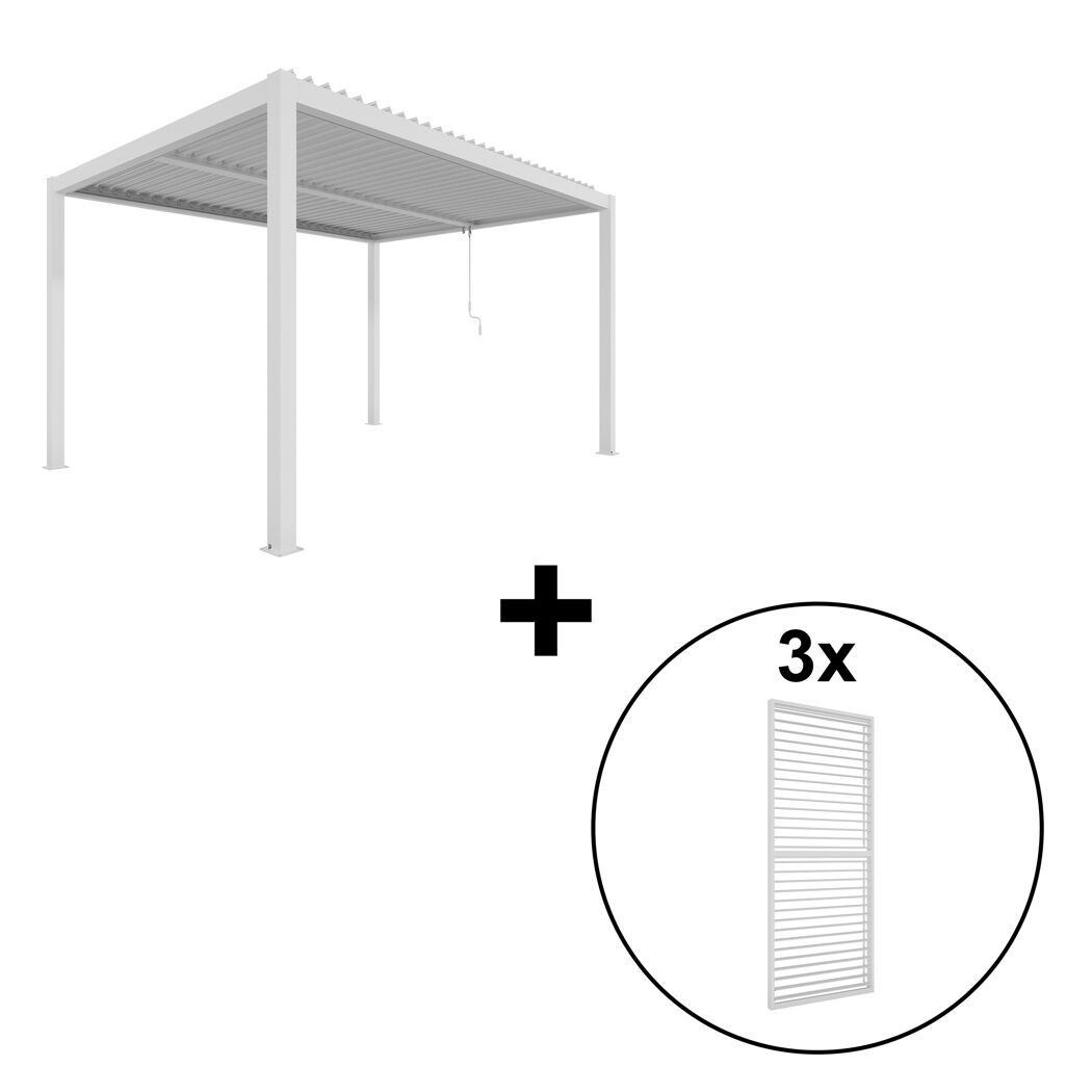 Pergola 'Shade' Aluminium weiß 3 x 4 m manuell inklusive 3 x Lamellenwand 0,9 m (verstellbar)