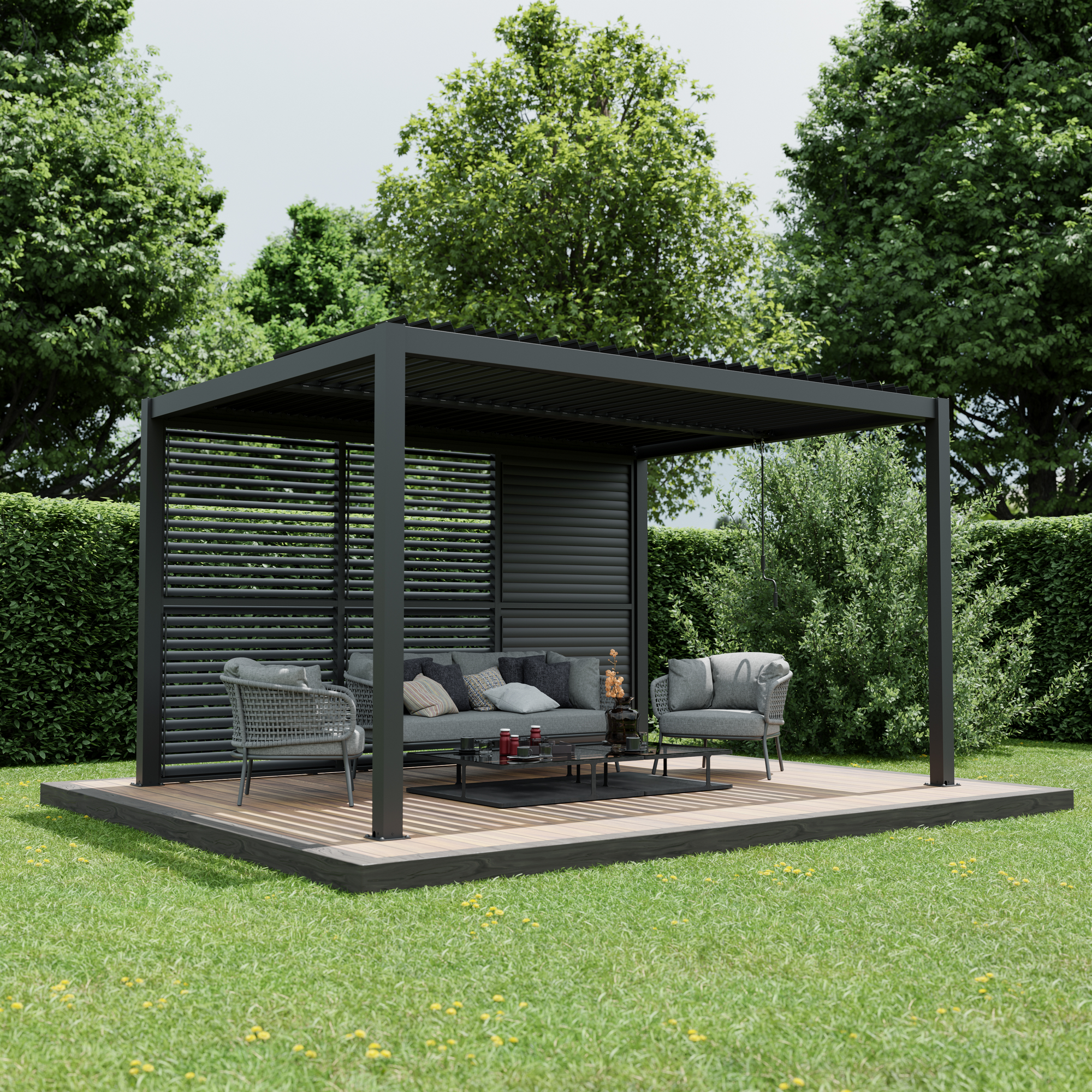 Pergola 'Shade' Aluminium dunkelgrau 3 x 4 m manuell inklusive 3 x Lamellenwand 1,23 m (verstellbar)