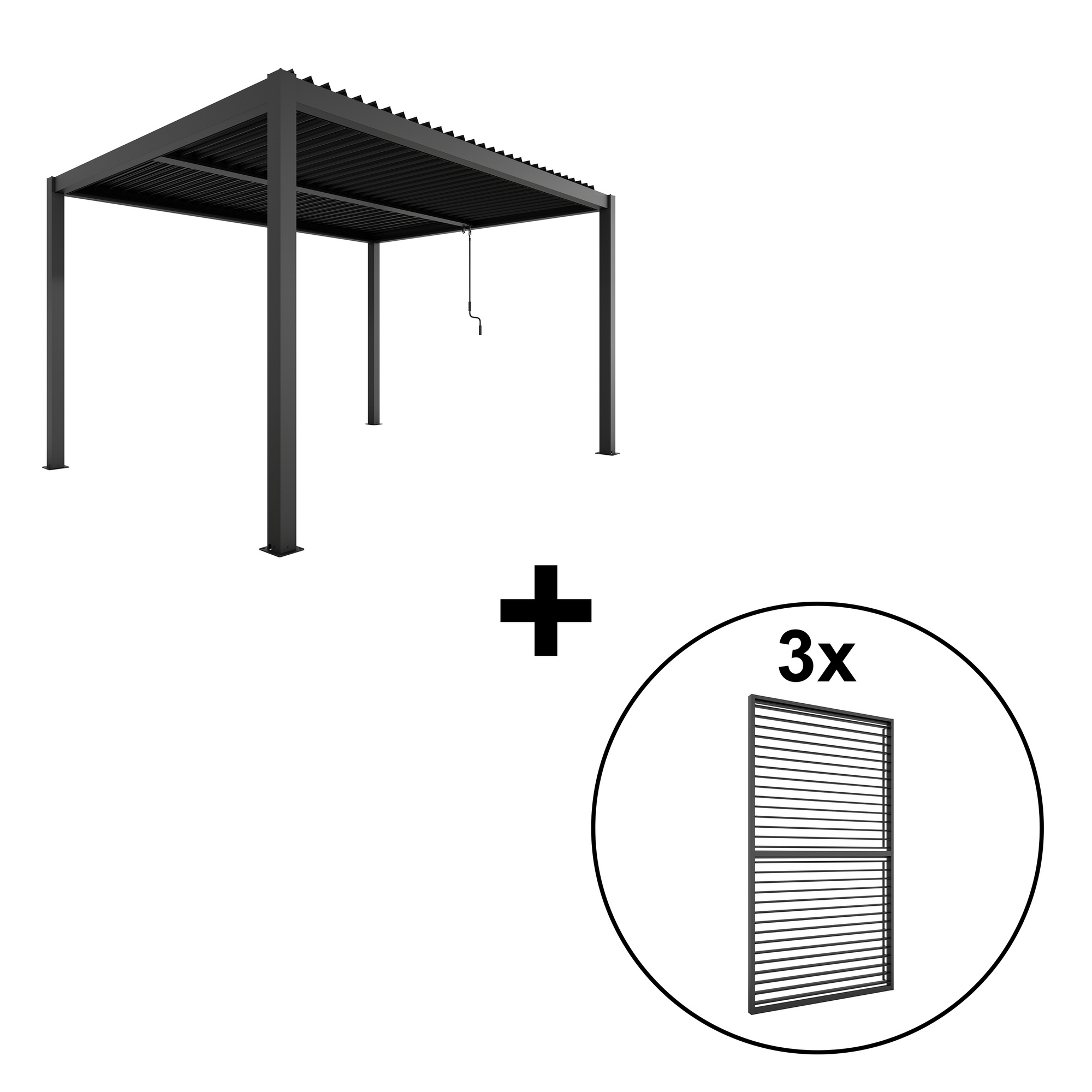 Pergola 'Shade' Aluminium dunkelgrau 3 x 4 m manuell inklusive 3 x Lamellenwand 1,23 m (verstellbar)