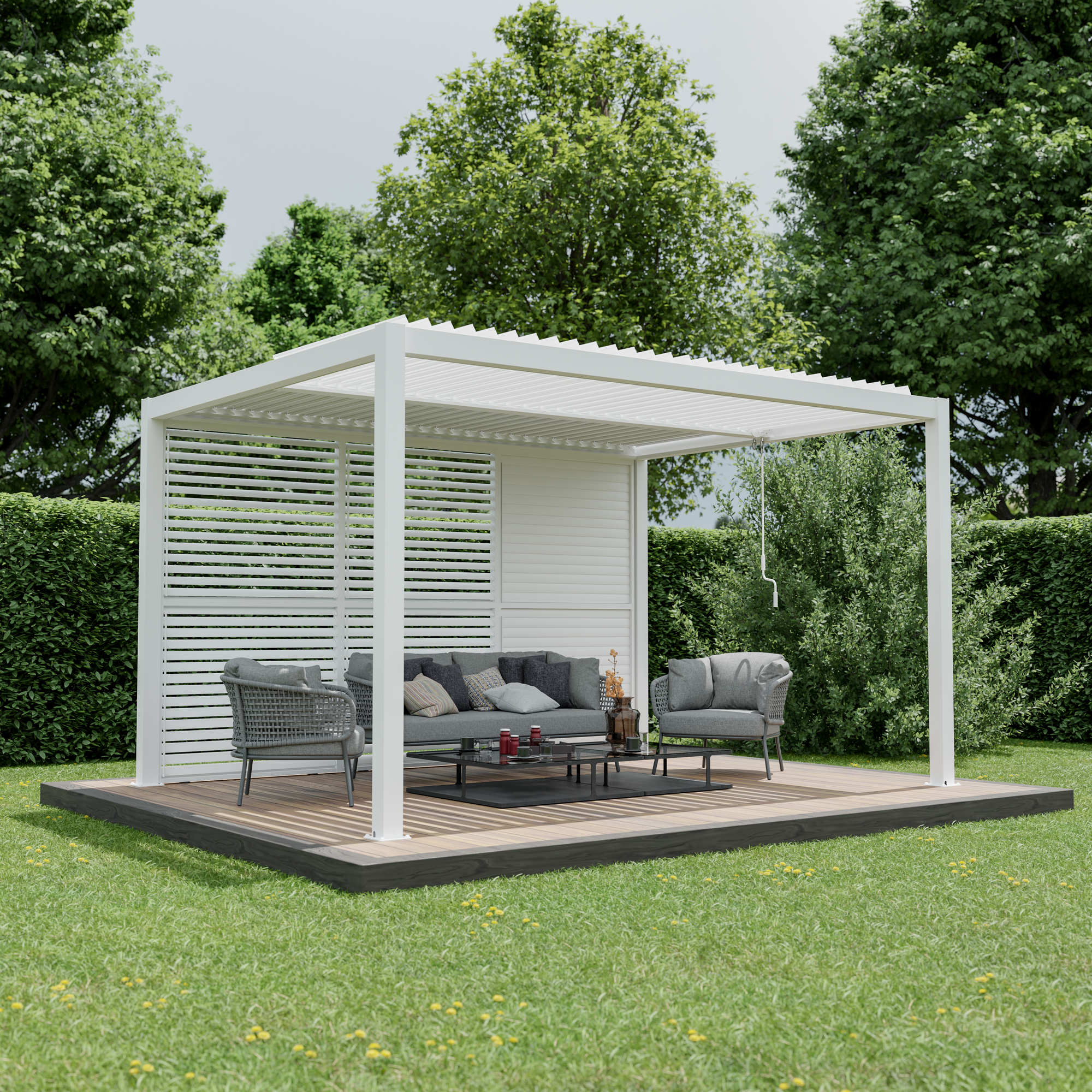 Pergola 'Shade' Aluminium weiß 3 x 4 m manuell inklusive 3 x Lamellenwand 1,23 m (verstellbar)
