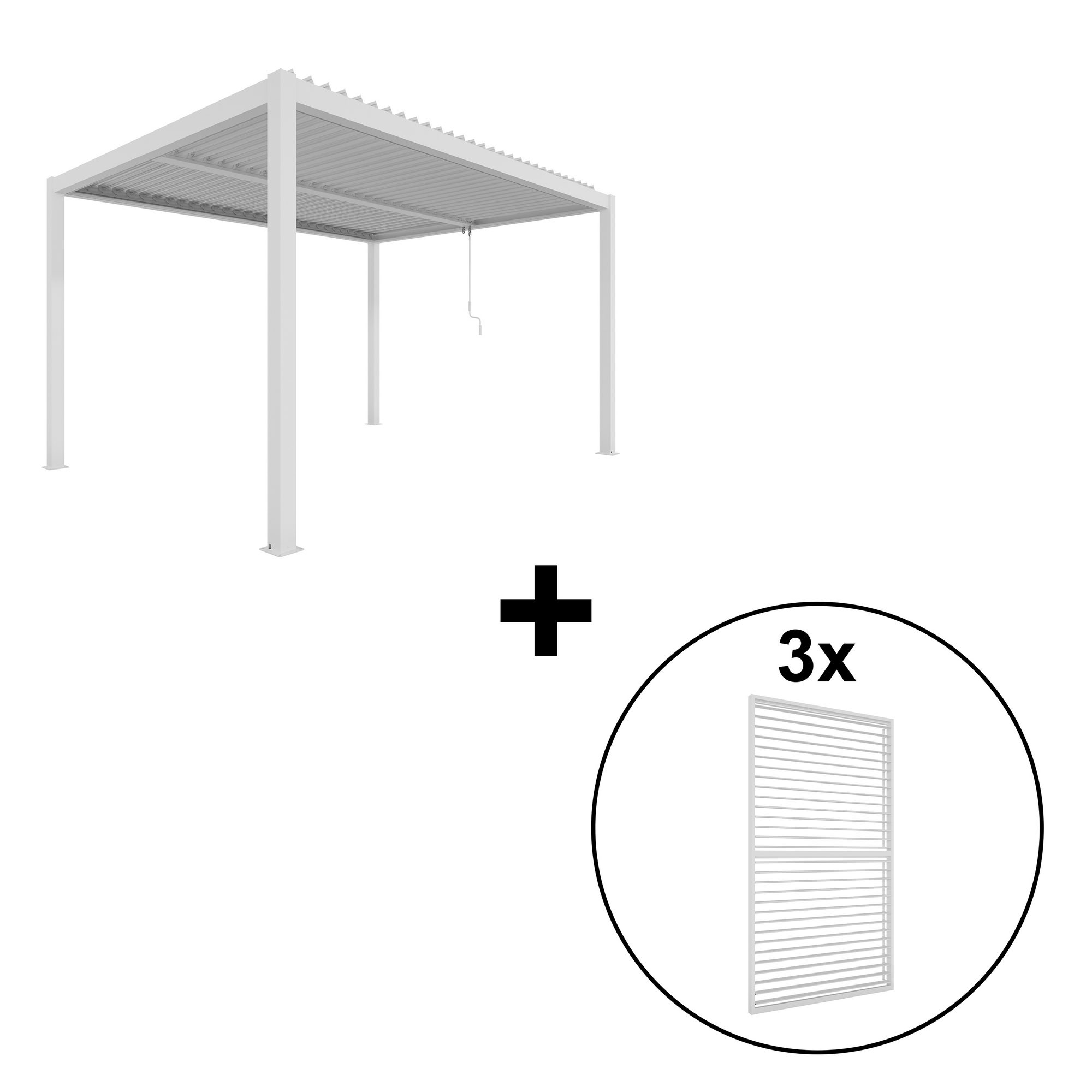 Pergola 'Shade' Aluminium weiß 3 x 4 m manuell inklusive 3 x Lamellenwand 1,23 m (verstellbar)