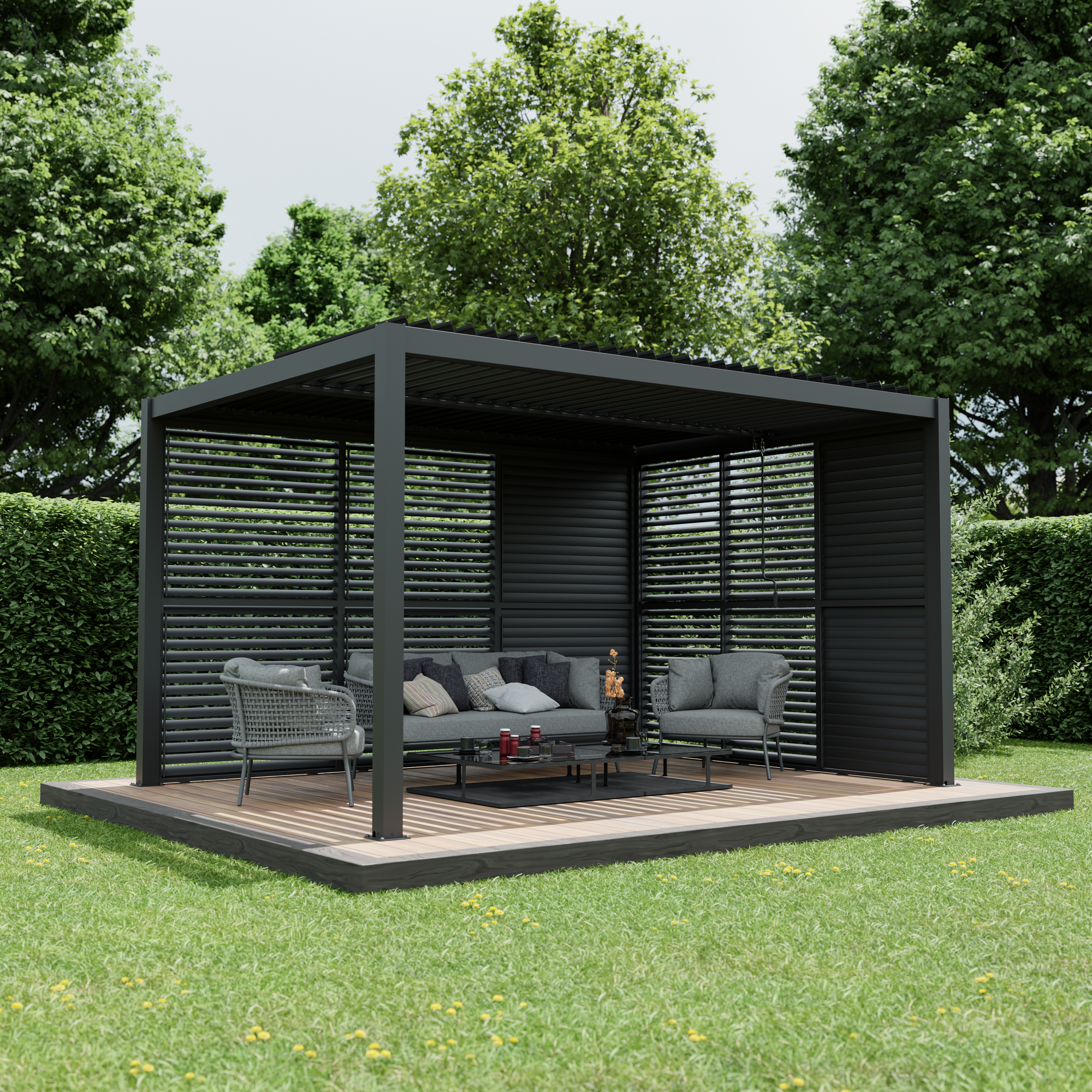 Pergola 'Shade' Aluminium dunkelgrau 3 x 4 m manuell inklusive 3 x Lamellenwand 0,9 m (verstellbar) und 3 x Lamellenwand 1,23 m (verstellbar)