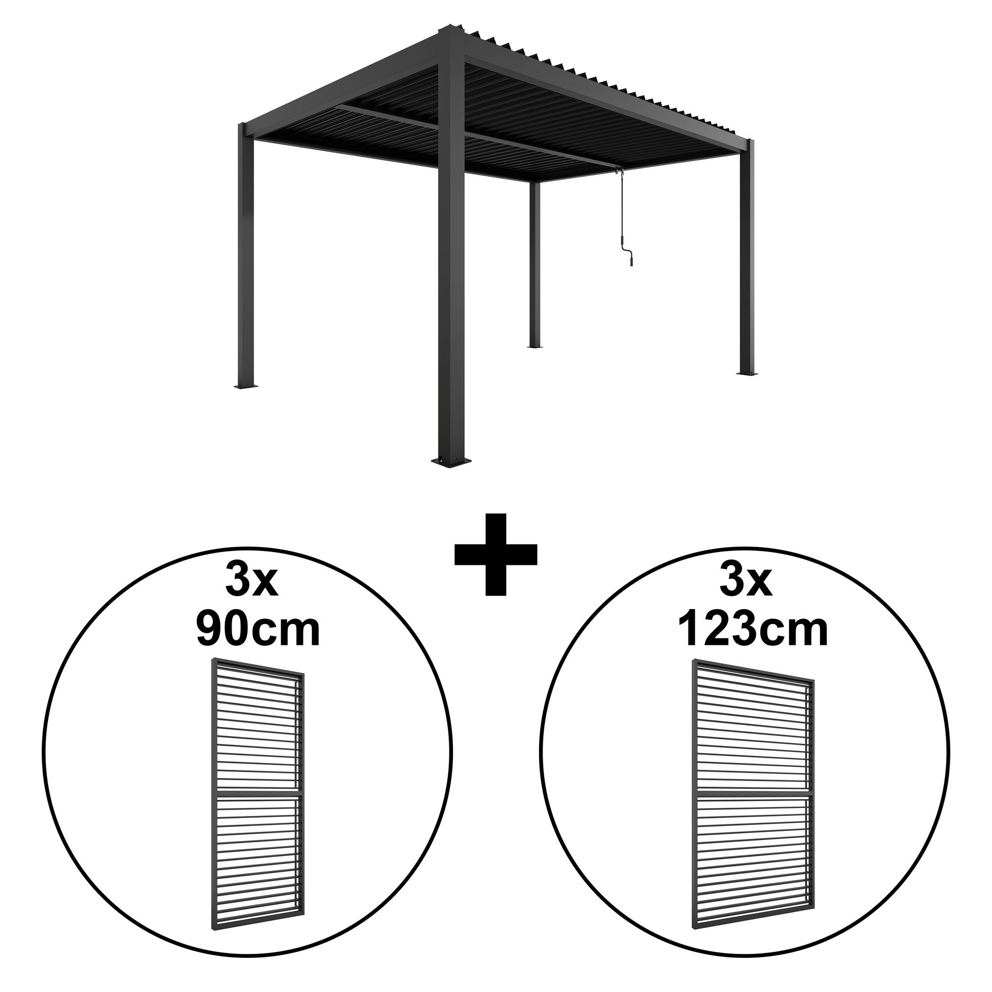 Pergola 'Shade' Aluminium dunkelgrau 3 x 4 m manuell inklusive 3 x Lamellenwand 0,9 m (verstellbar) und 3 x Lamellenwand 1,23 m (verstellbar)