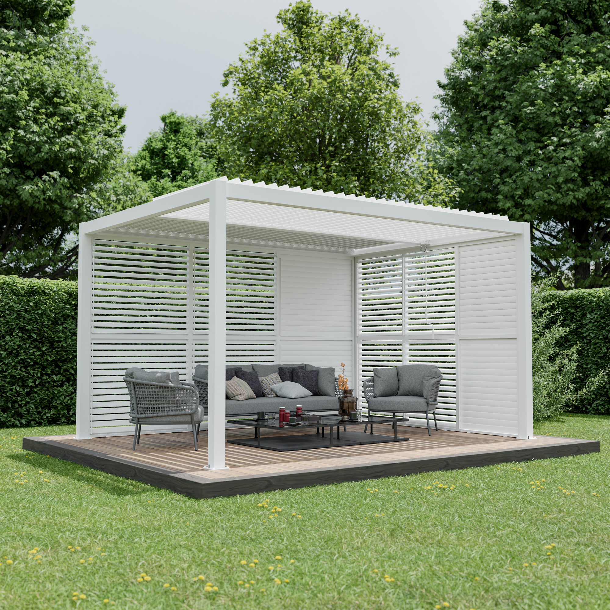 Pergola 'Shade' Aluminium weiß 3 x 4 m manuell inklusive 3 x Lamellenwand 0,9 m (verstellbar) und 3 x Lamellenwand 1,23 m (verstellbar)