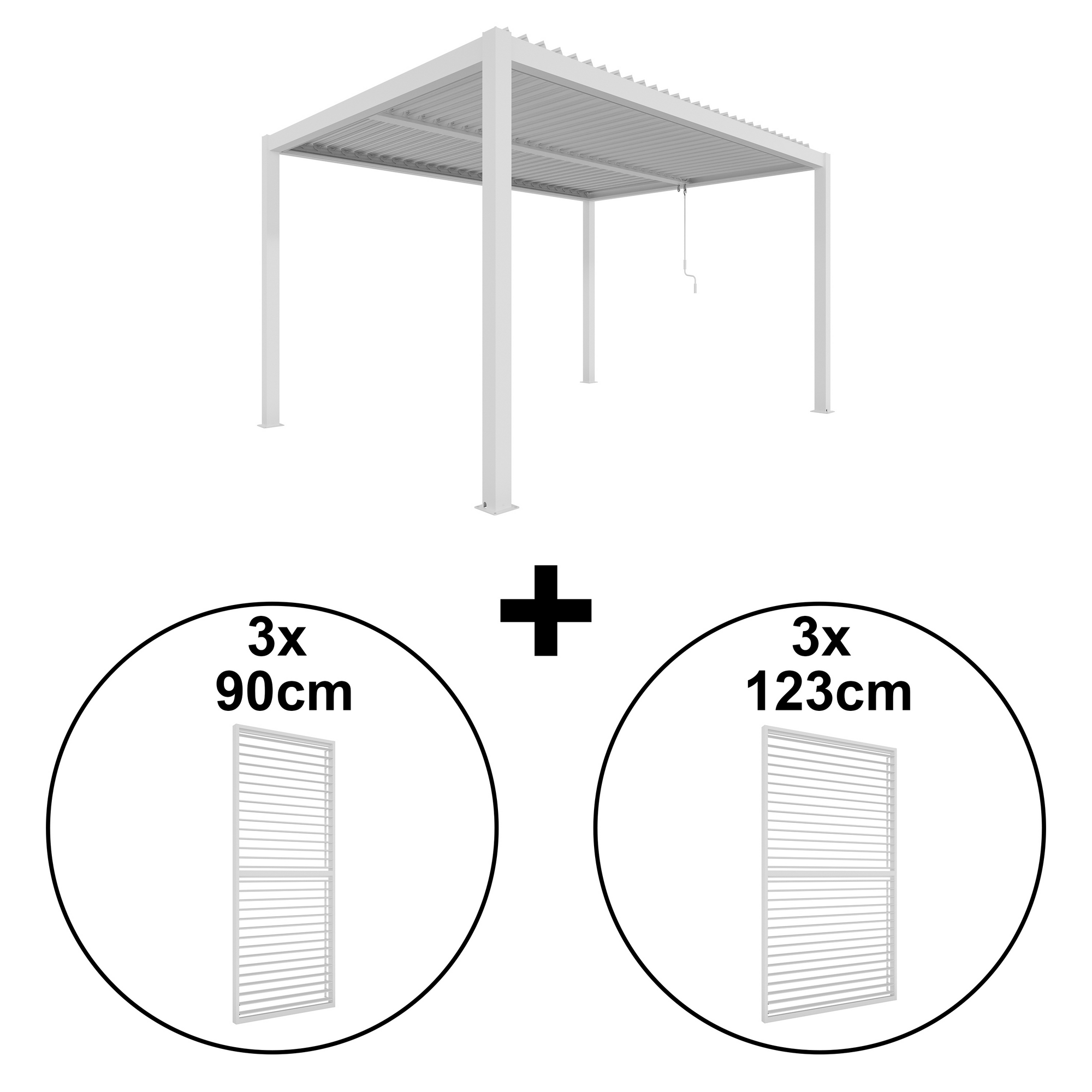 Pergola 'Shade' Aluminium weiß 3 x 4 m manuell inklusive 3 x Lamellenwand 0,9 m (verstellbar) und 3 x Lamellenwand 1,23 m (verstellbar)