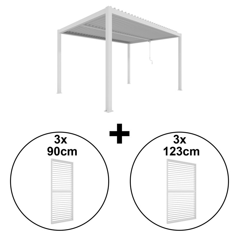 Pergola 'Shade' Aluminium weiß 3 x 4 m manuell inklusive 3 x Lamellenwand 0,9 m (verstellbar) und 3 x Lamellenwand 1,23 m (verstellbar)