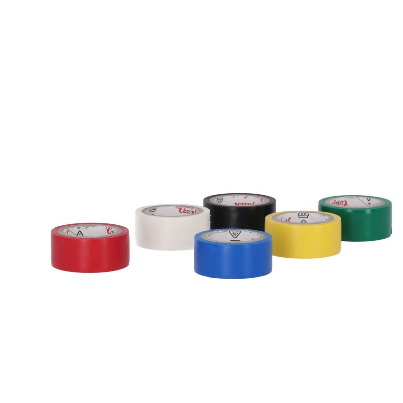 Sechs Rollen Isolierband in verschiedenen Farben.