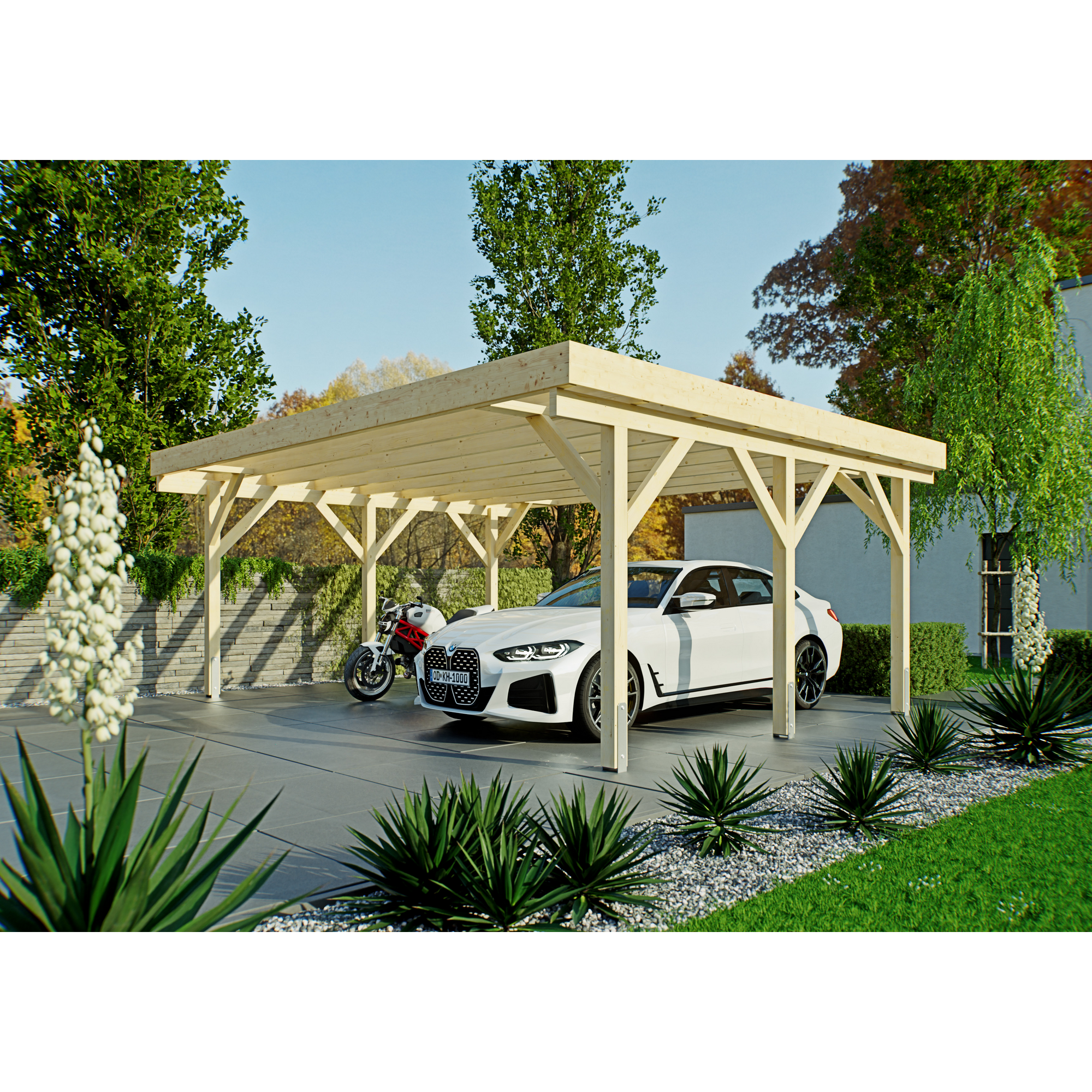 Doppel-Carport Fichtenholz naturfarben 600 x 500 cm