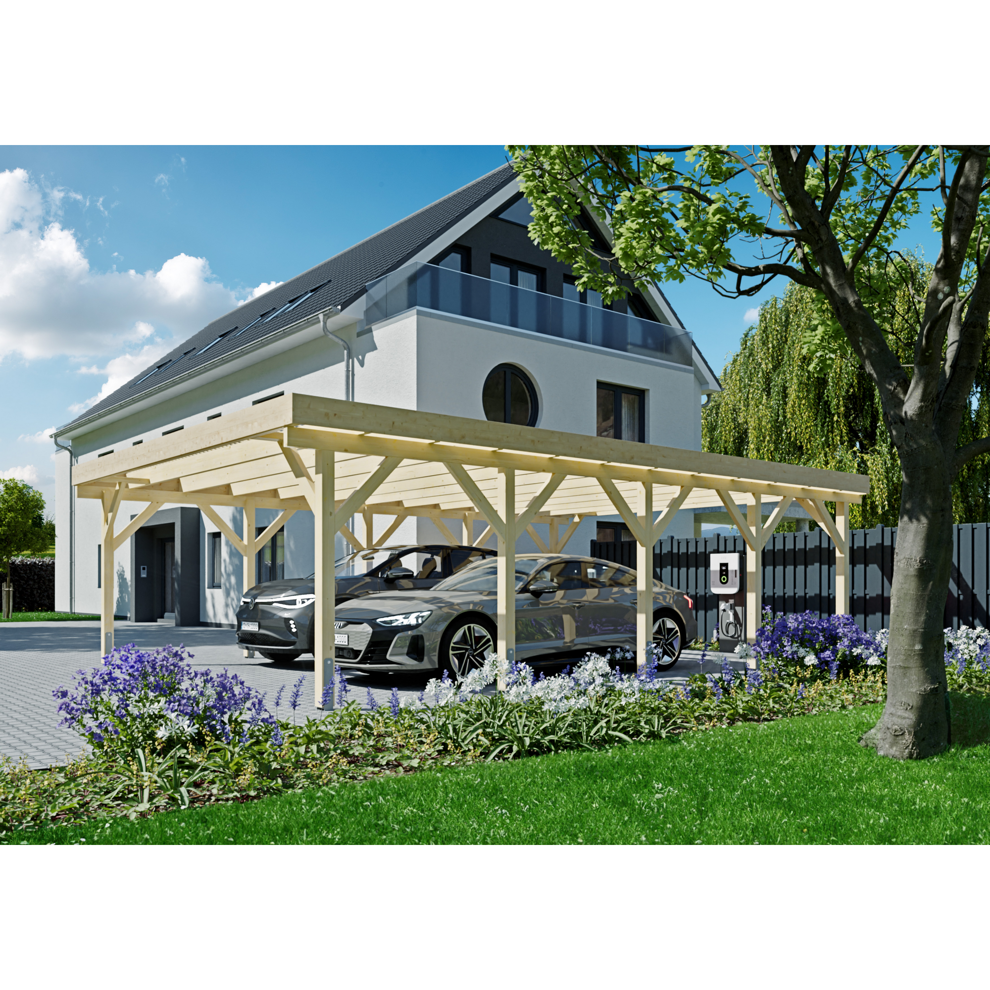 Doppel-Carport Fichtenholz naturfarben 600 x 850 cm