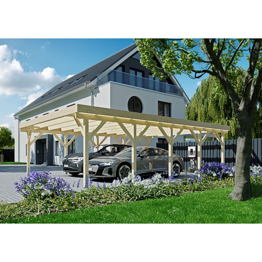 Doppel-Carport Fichtenholz naturfarben 600 x 850 cm