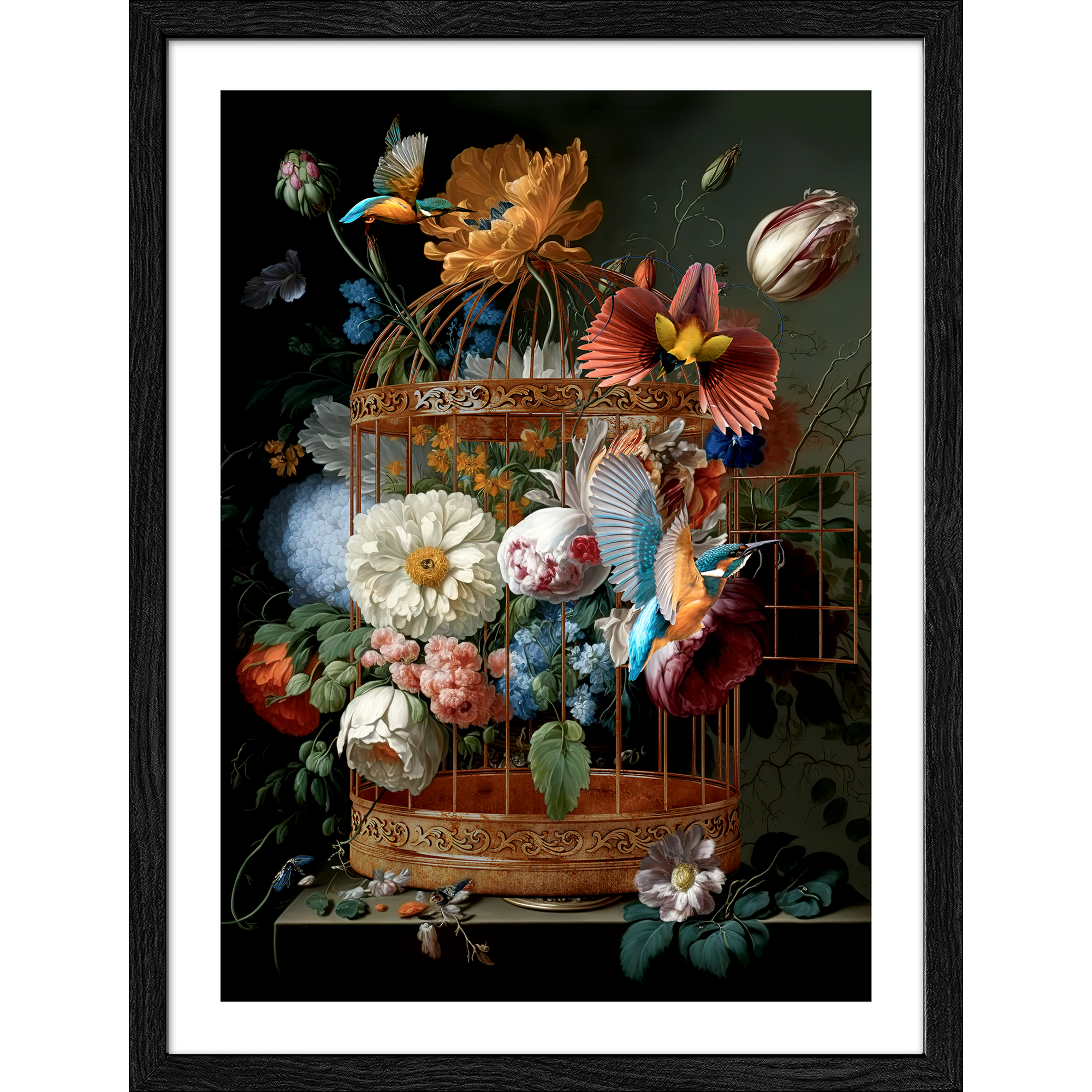 Kunstdruck Framed-Art Slim Scandic 'Birds Flowers' 33 x 43 cm gerahmt