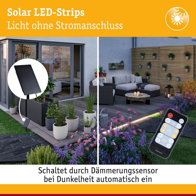 LED-Solar-Streifen 10 m warmweiß mit Solar-Panel und Fernbedienung