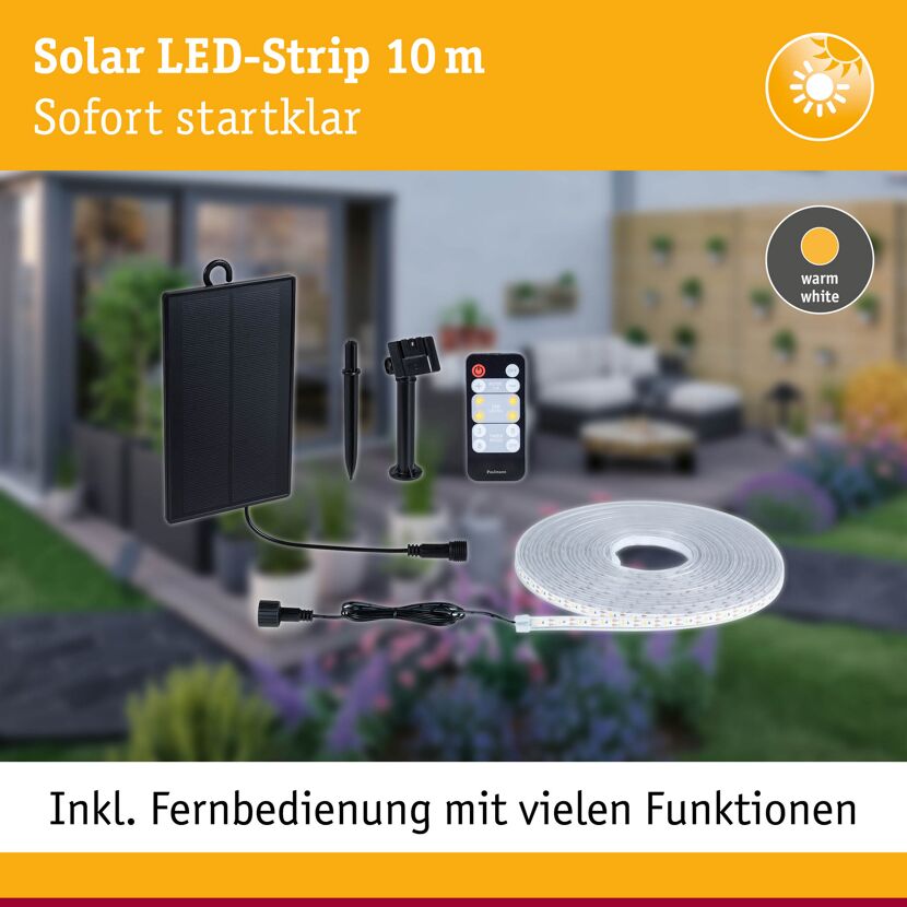 LED-Solar-Streifen 10 m warmweiß mit Solar-Panel und Fernbedienung