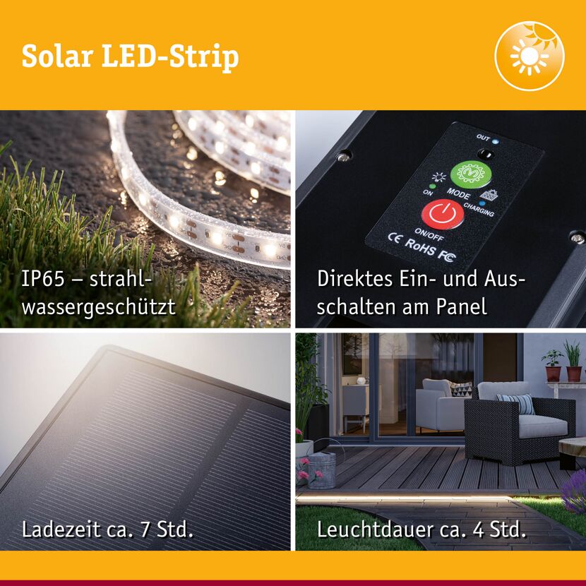 LED-Solar-Streifen 10 m warmweiß mit Solar-Panel und Fernbedienung