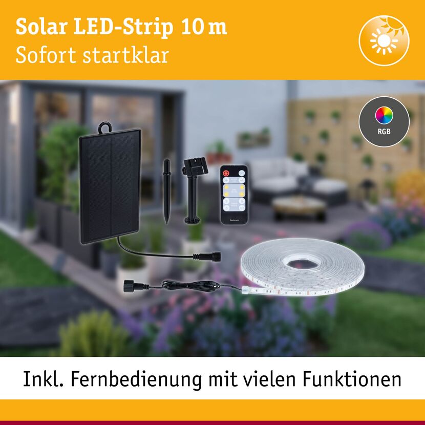 LED-Solar-Streifen 10 m RGB mit Solar-Panel und Fernbedienung