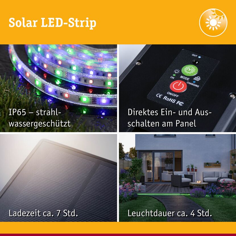 LED-Solar-Streifen 10 m RGB mit Solar-Panel und Fernbedienung