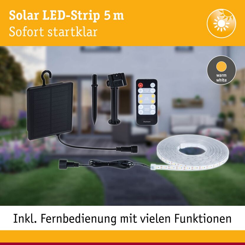 LED-Solar-Streifen 5 m warmweiß mit Solar-Panel und Fernbedienung