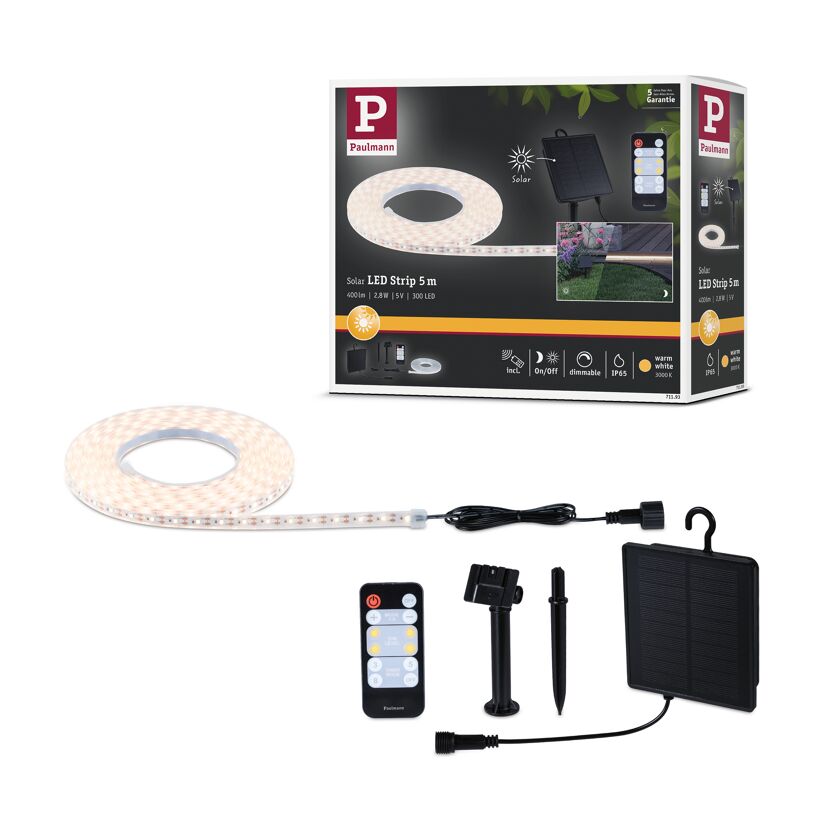 LED-Solar-Streifen 5 m warmweiß mit Solar-Panel und Fernbedienung