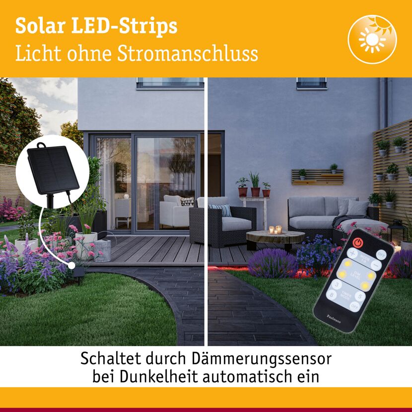 LED-Solar-Streifen 5 m RGB mit Solar-Panel und Fernbedienung