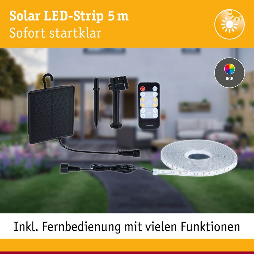LED-Solar-Streifen 5 m RGB mit Solar-Panel und Fernbedienung