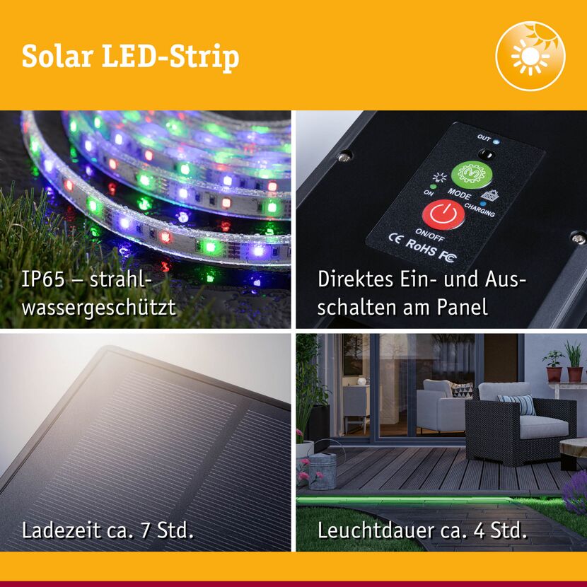 LED-Solar-Streifen 5 m RGB mit Solar-Panel und Fernbedienung