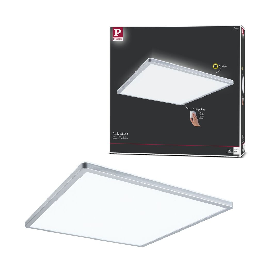 Dimmbares LED-Panel 'Atria Shine' und Produktverpackung