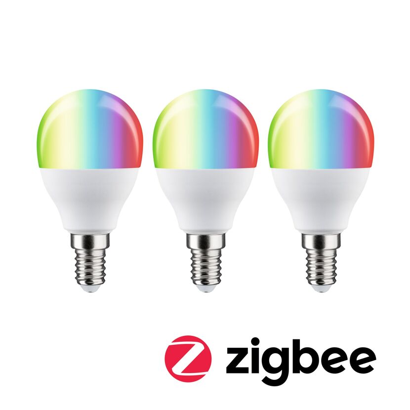 Drei bunte Zigbee LED-Leuchtmittel E14.
