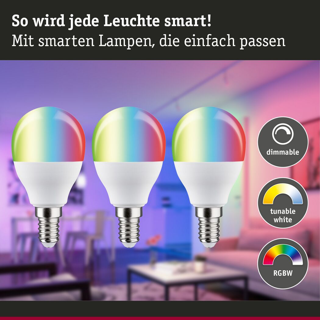 Drei bunte dimmbare 'Zigbee' LED-Tropfenlampen.