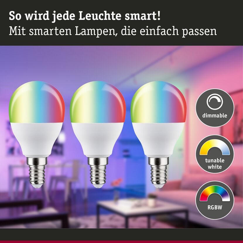 Drei bunte dimmbare 'Zigbee' LED-Tropfenlampen.