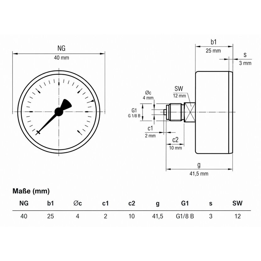 Maßzeichnung des Standardmanometers RF 40 D111 axial G1/8".