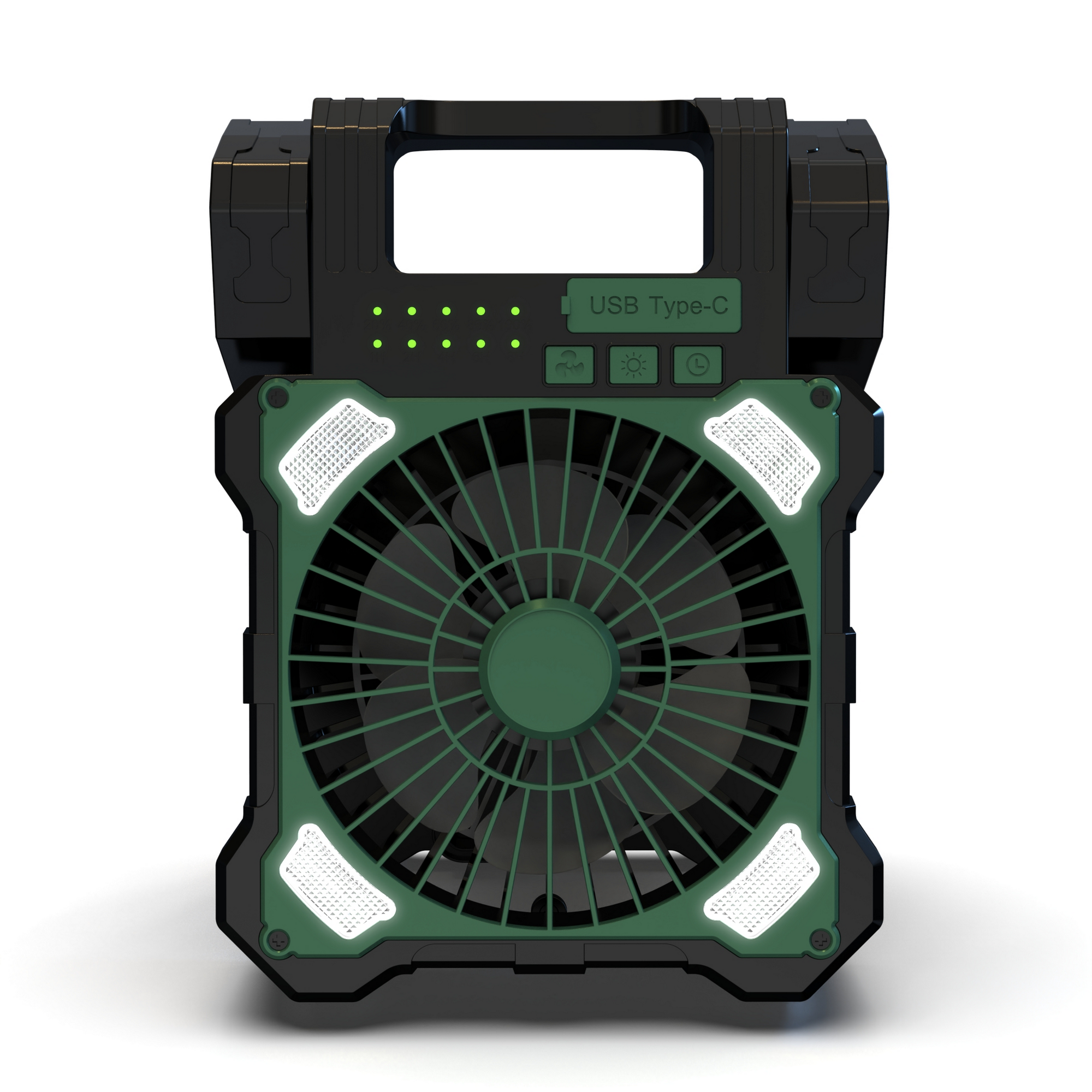 Camping-Ventilator grün Doppel-Solarpanel, LED-Licht 17 x 23 cm