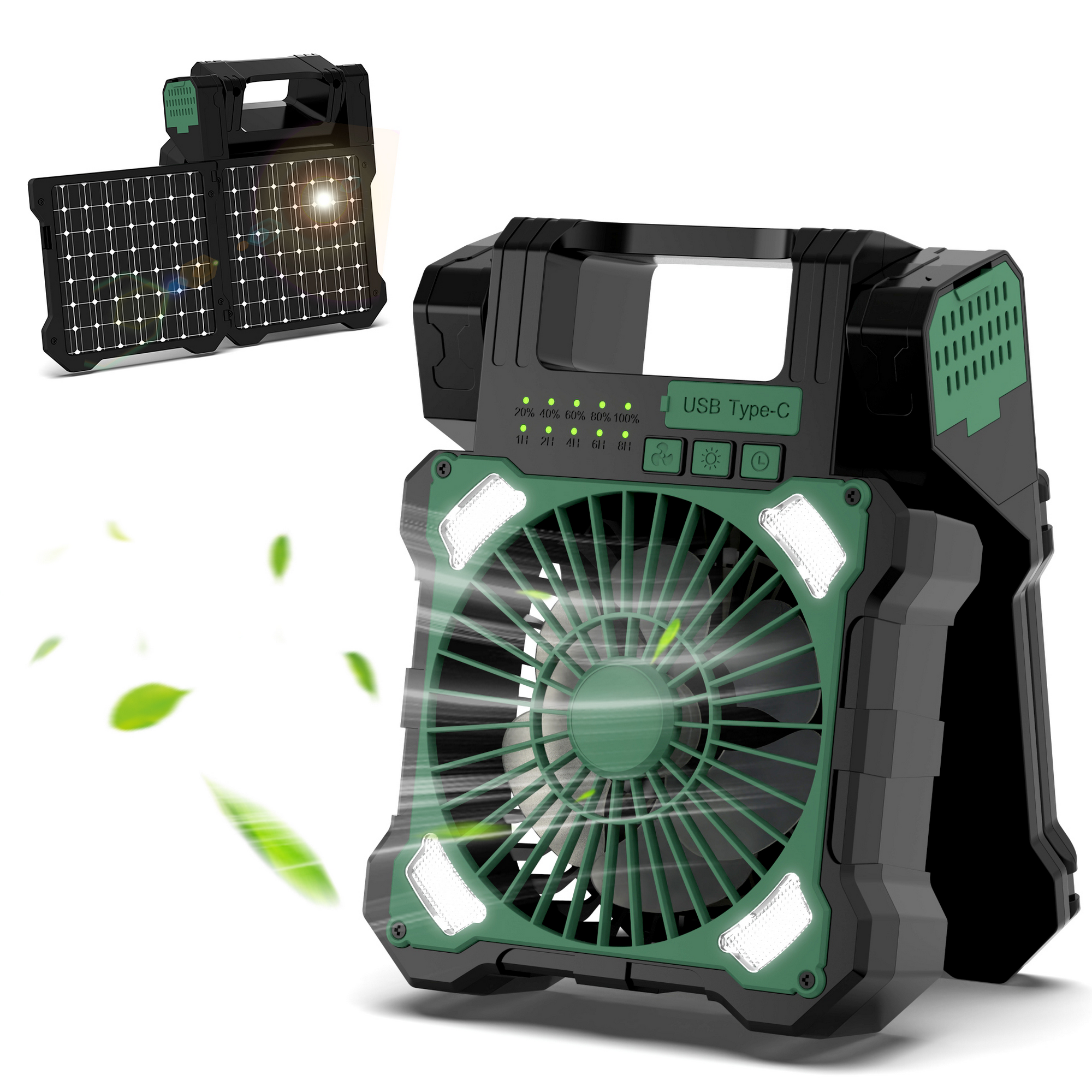 Camping-Ventilator grün Doppel-Solarpanel, LED-Licht 17 x 23 cm