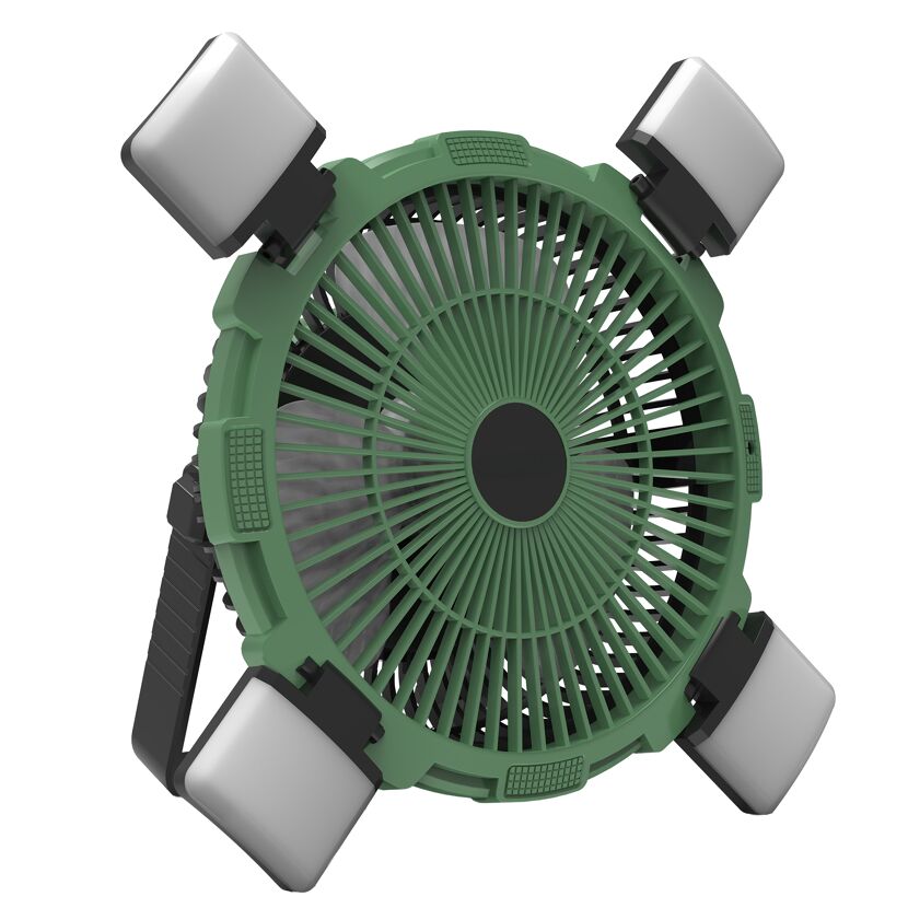 Camping-Ventilator grün mit LED-Licht und Fernbedienung Ø 21,5 cm