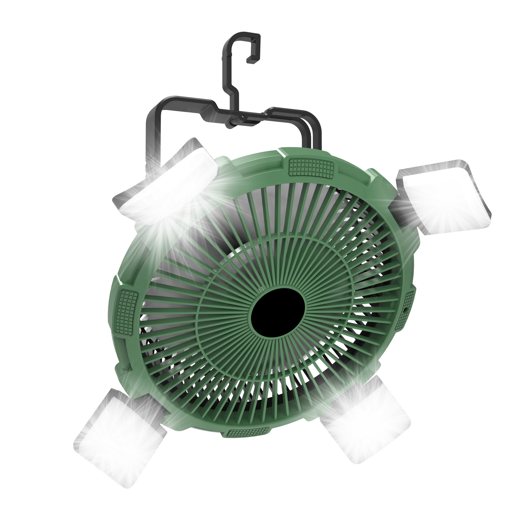 Camping-Ventilator grün mit LED-Licht und Fernbedienung Ø 21,5 cm