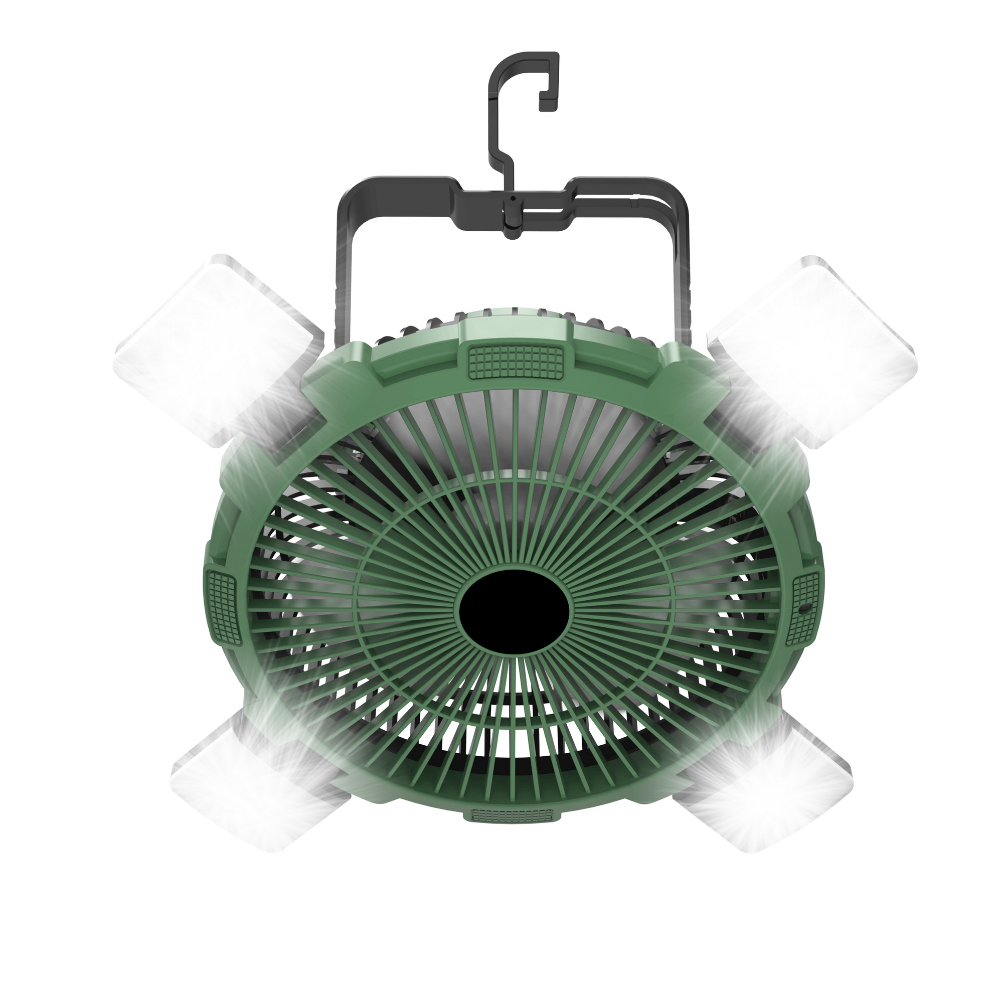 Camping-Ventilator grün mit LED-Licht und Fernbedienung Ø 21,5 cm