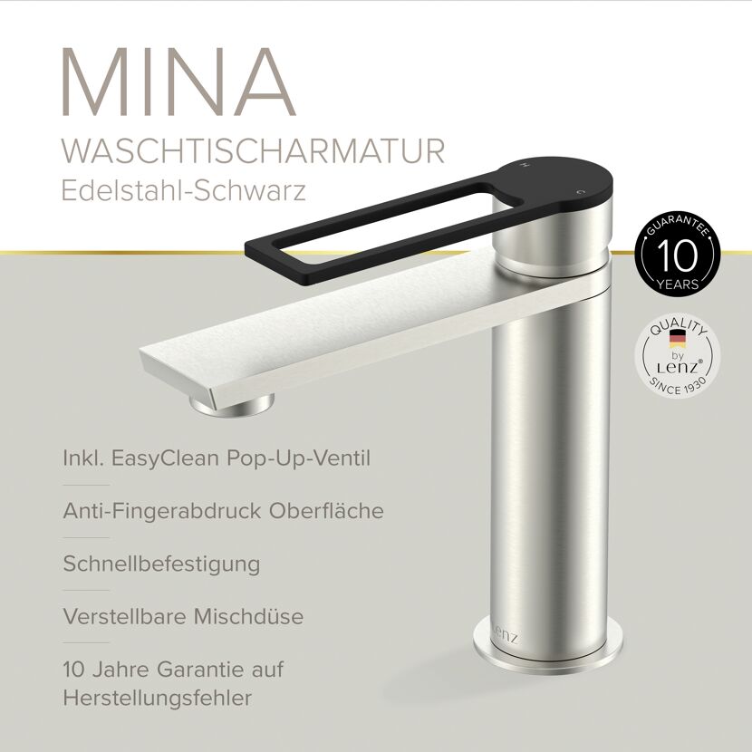 Waschticharmatur 'Mina' edelstahlfarben/schwarz 17,9 cm